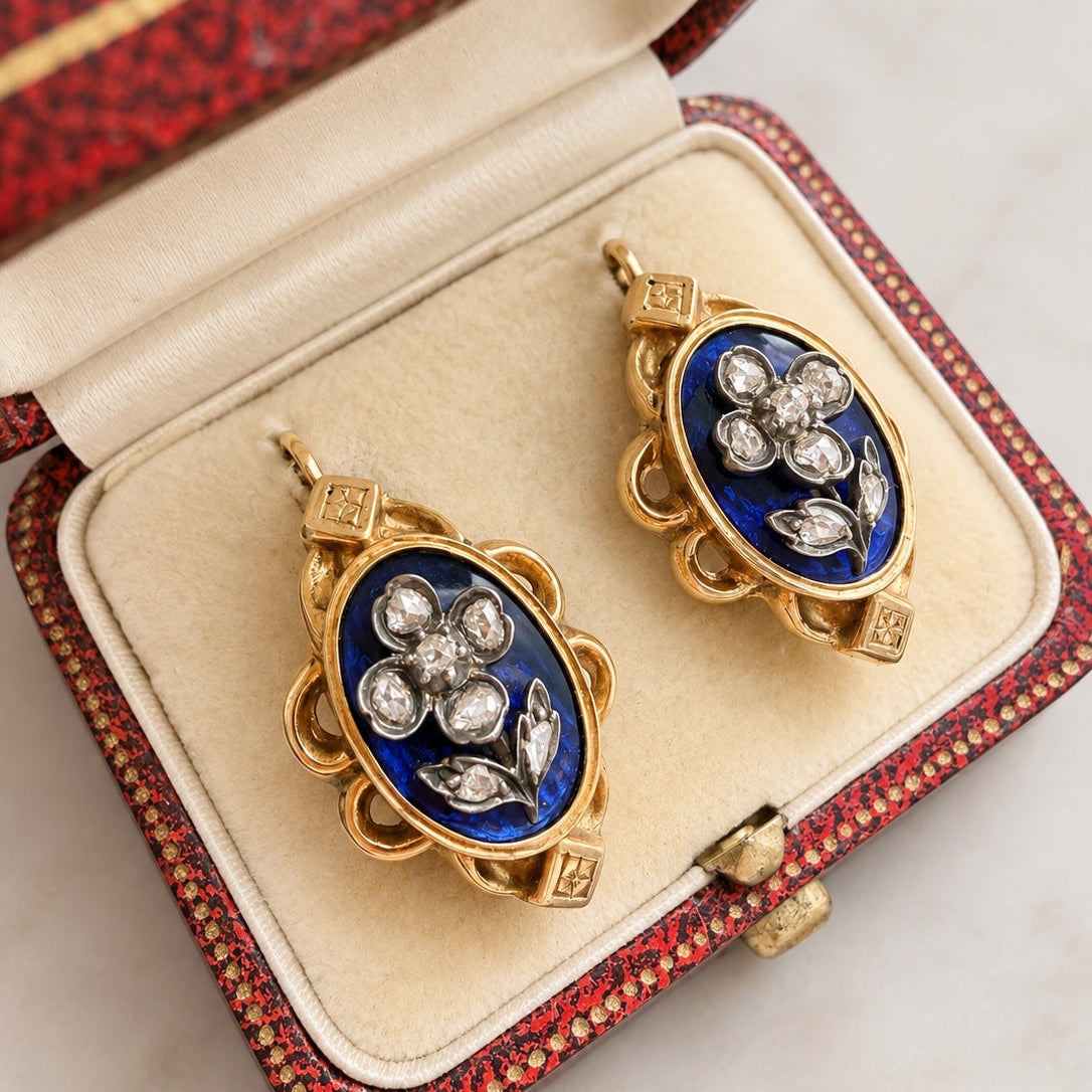 Victorian 18K Gold blue enamel diamond flower earrings