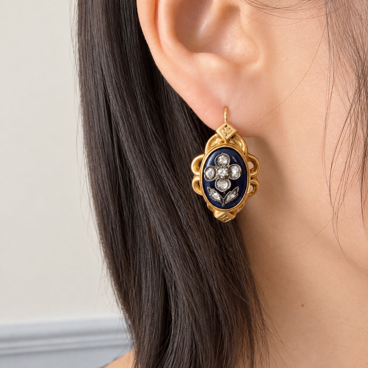 Victorian 18K Gold blue enamel diamond flower earrings