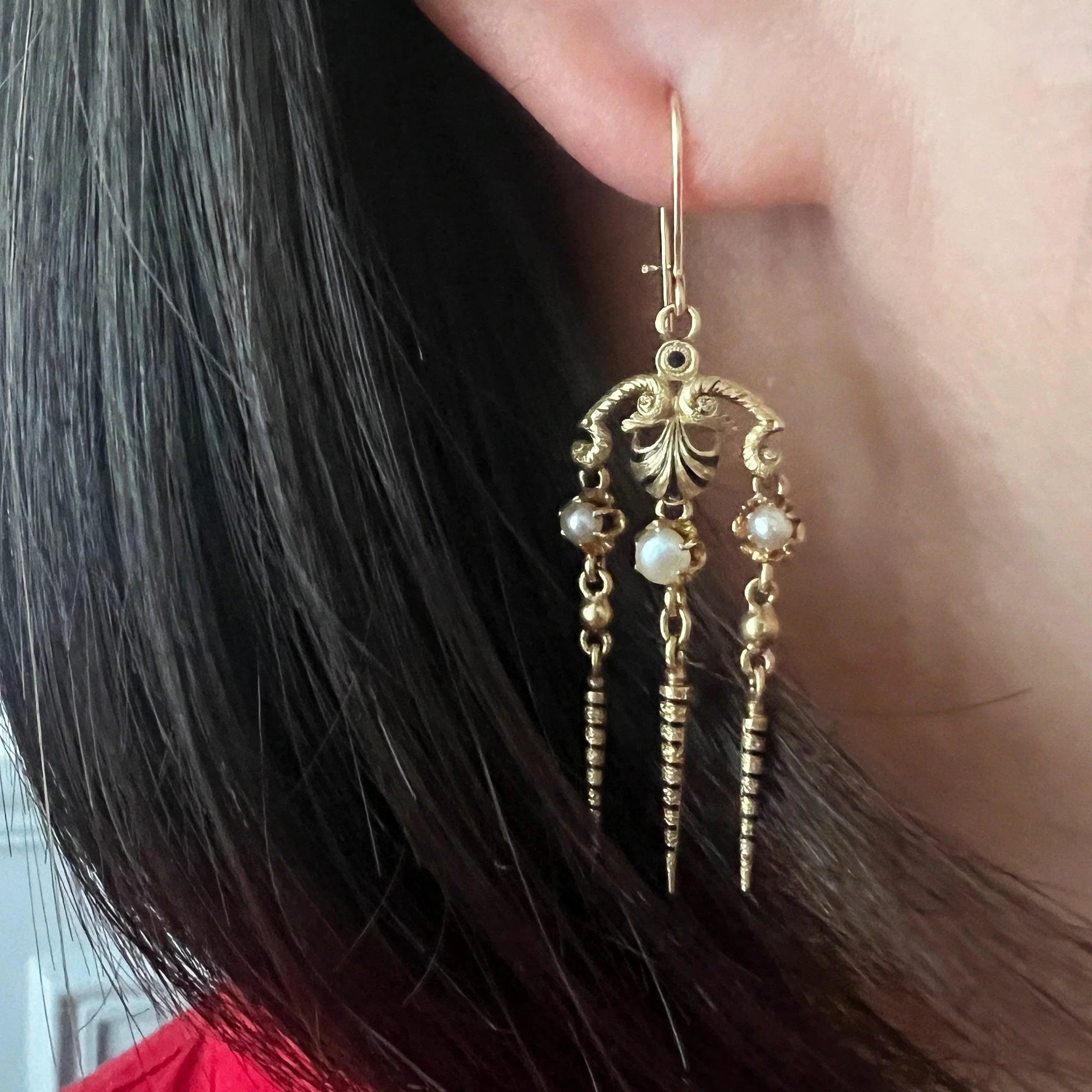 Victorian era 18K gold natural pearl black enamel fringe earrings - Curiously timeless