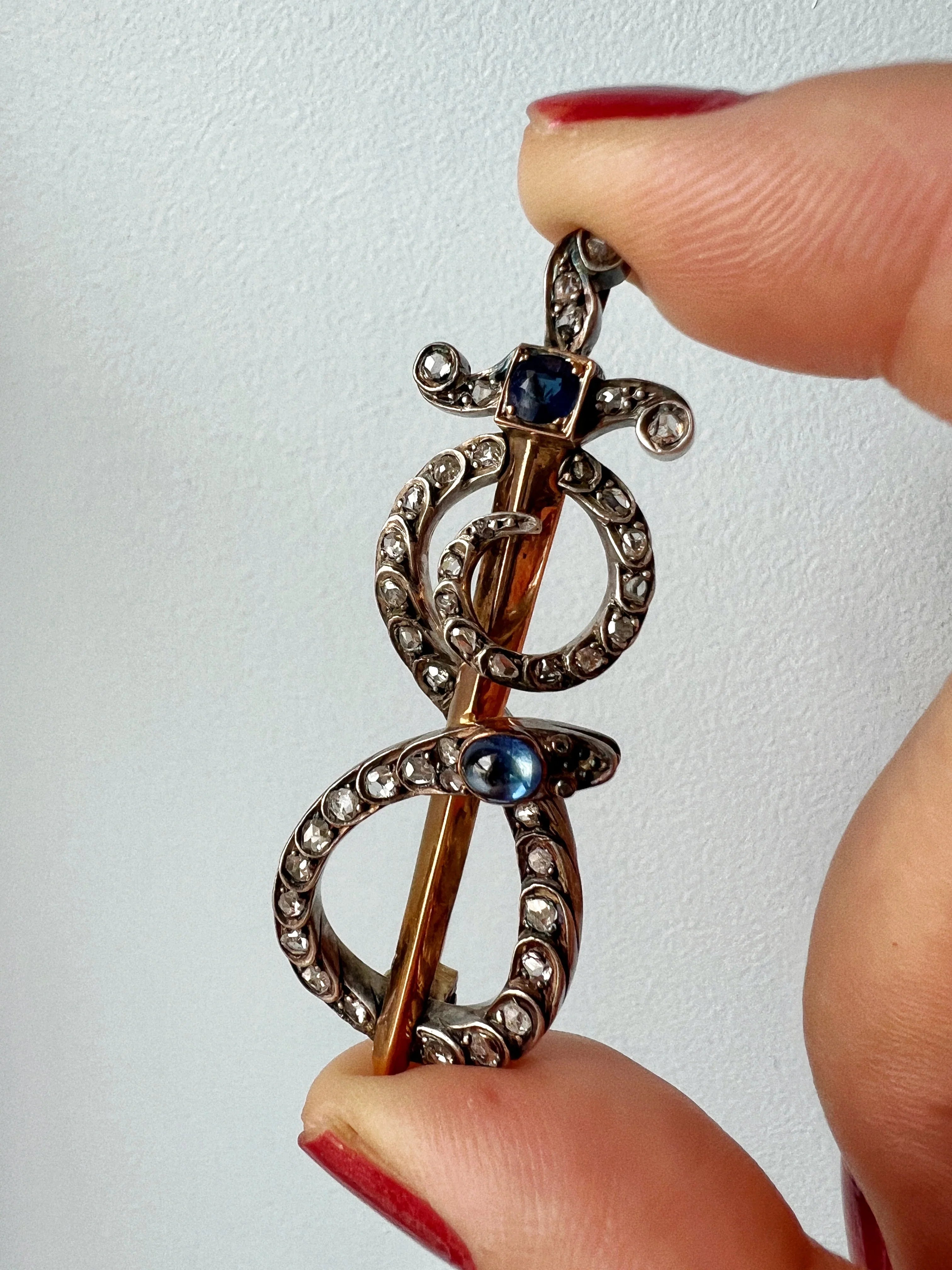Victorian 18K gold diamond sapphire snake sword brooch pendant