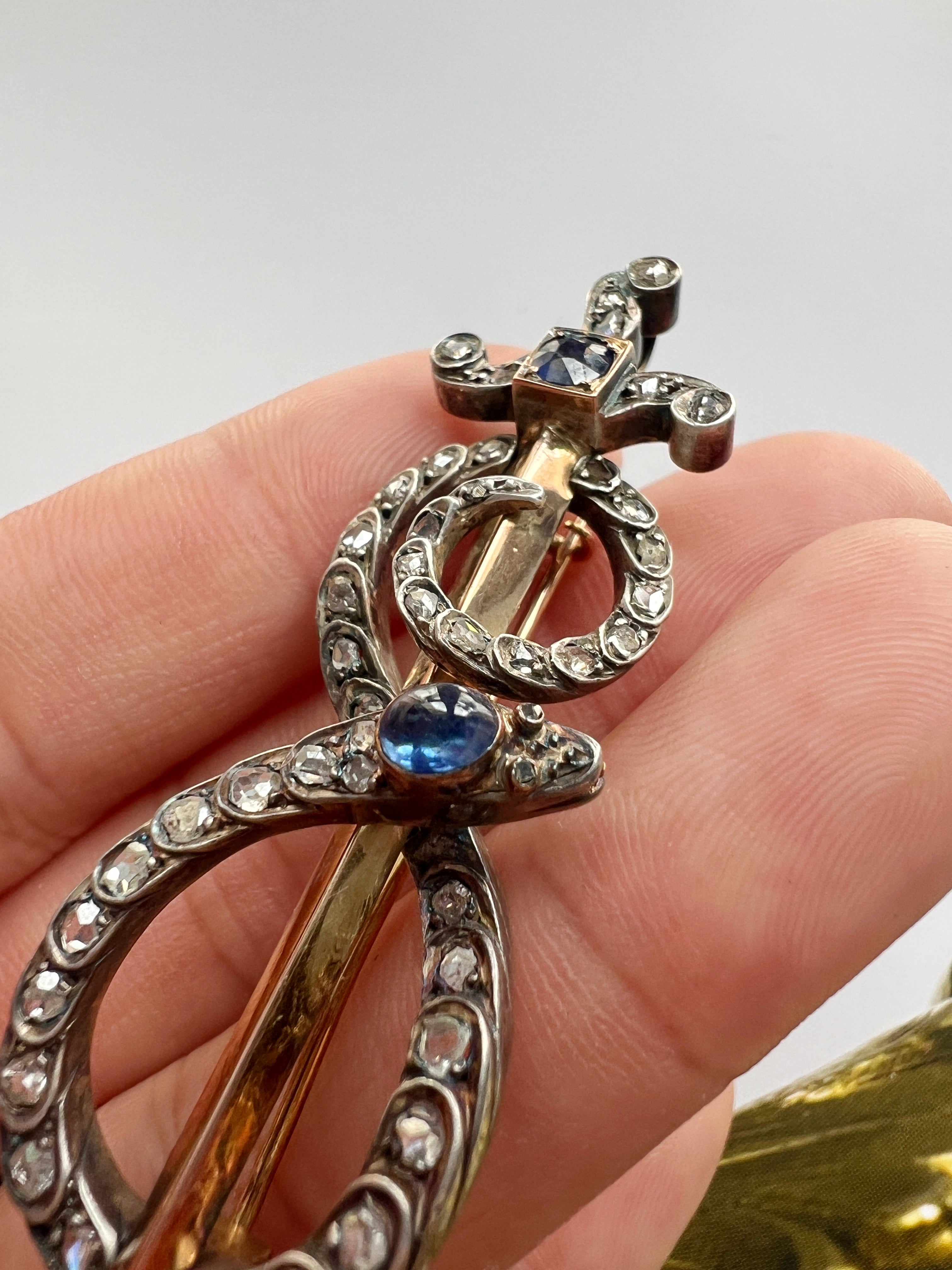 Victorian 18K gold diamond sapphire snake sword brooch pendant
