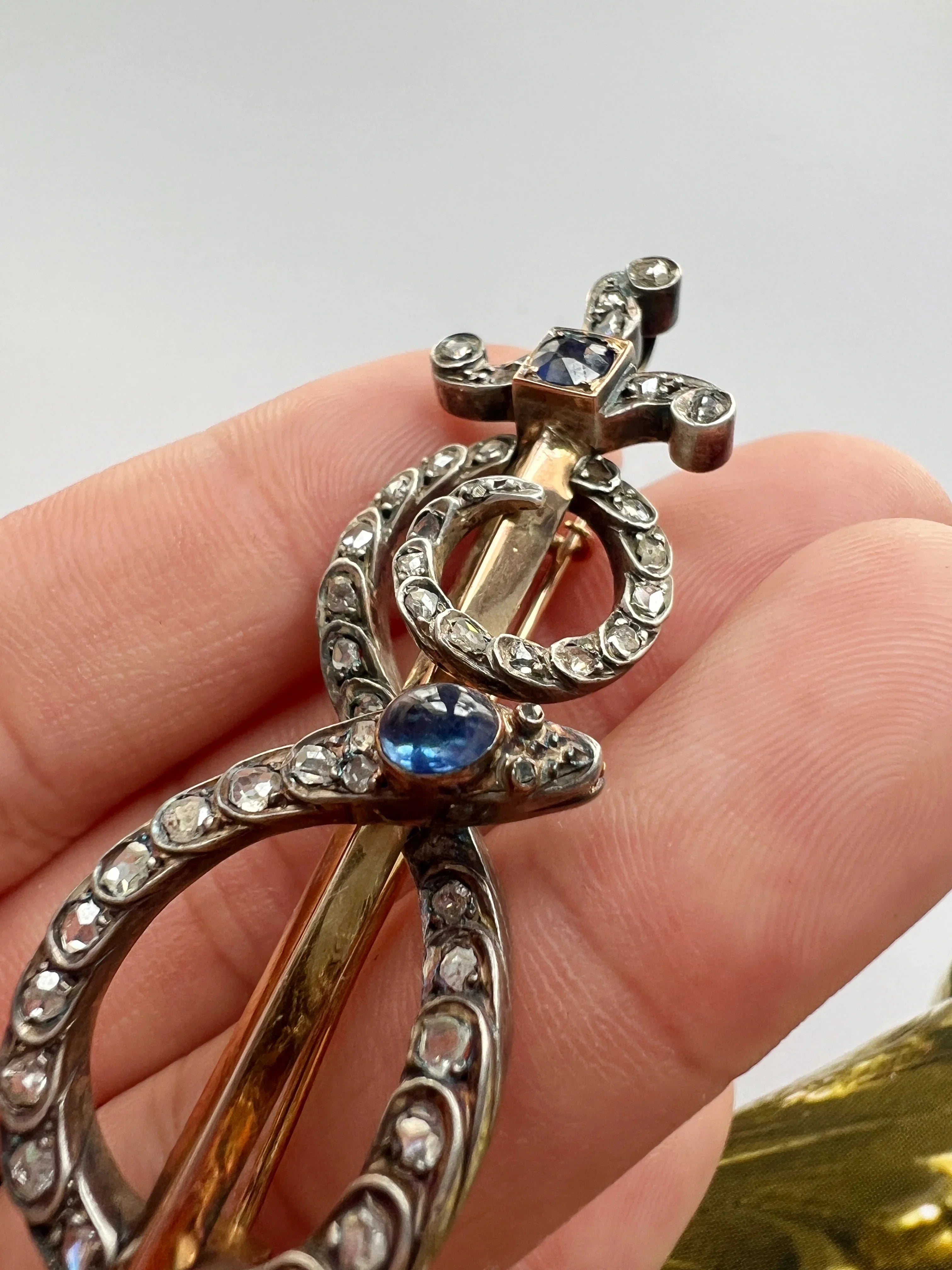 Victorian 18K gold diamond sapphire snake sword brooch pendant