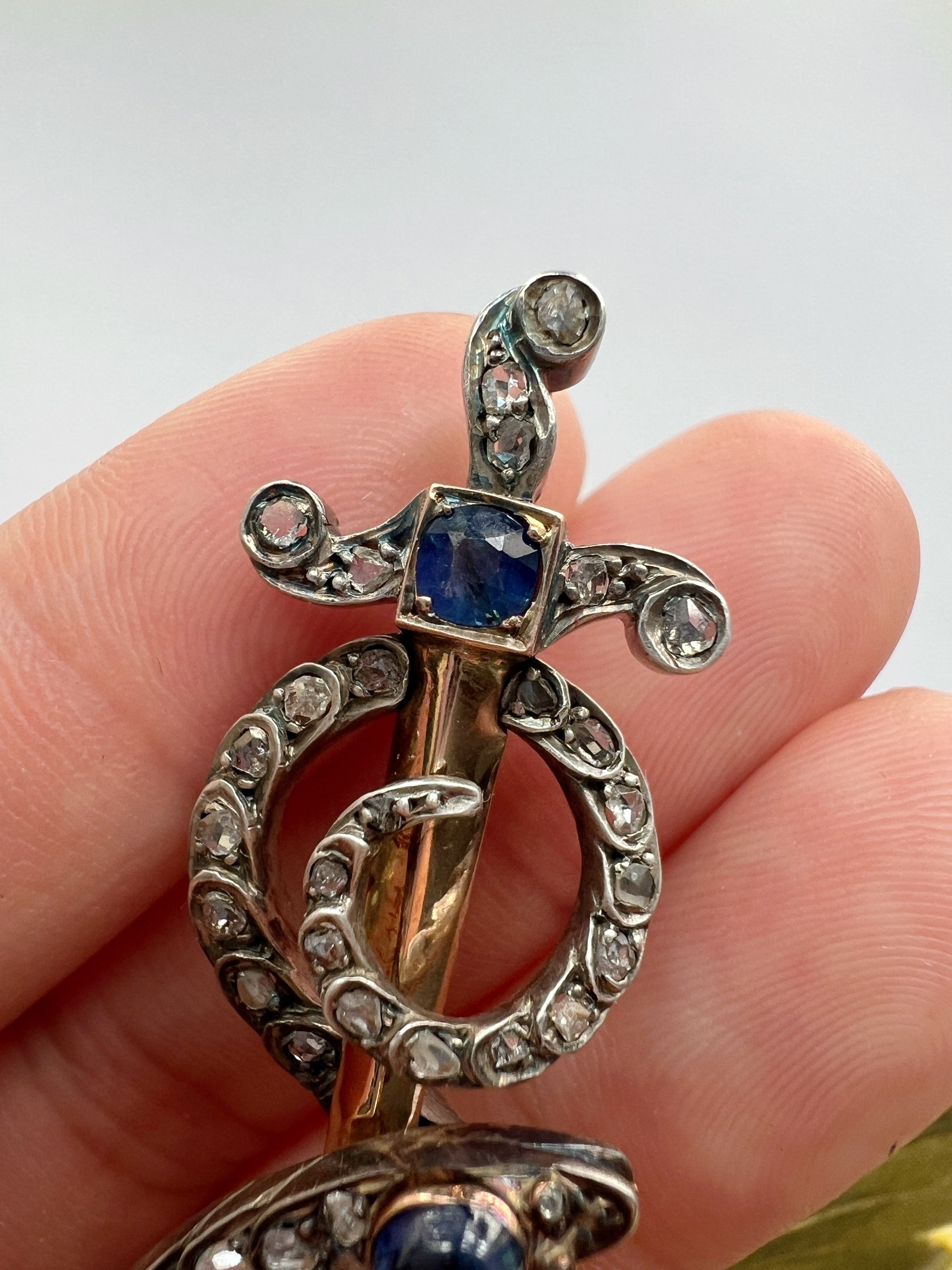 Victorian 18K gold diamond sapphire snake sword brooch pendant