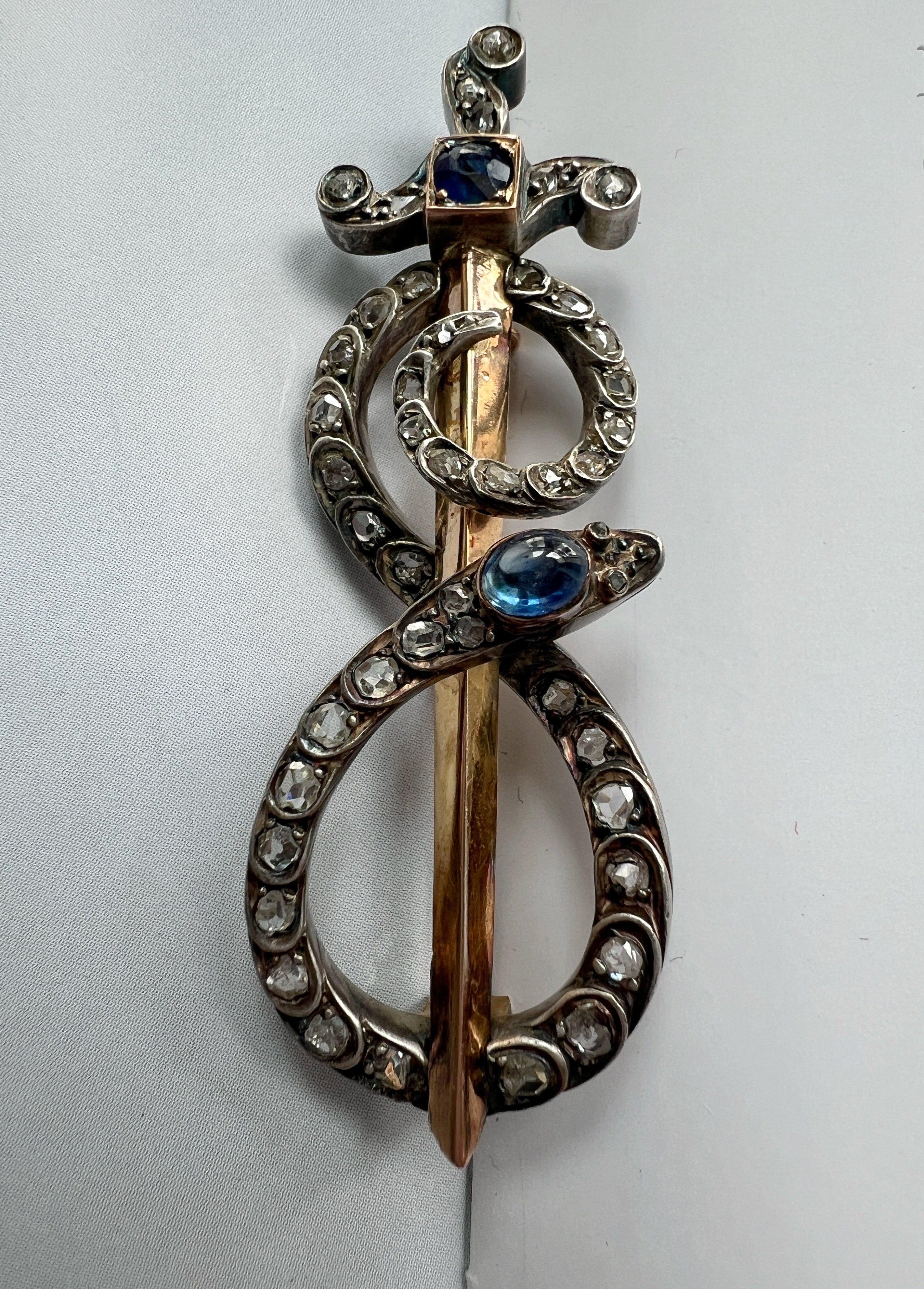 Victorian 18K gold diamond sapphire snake sword brooch pendant