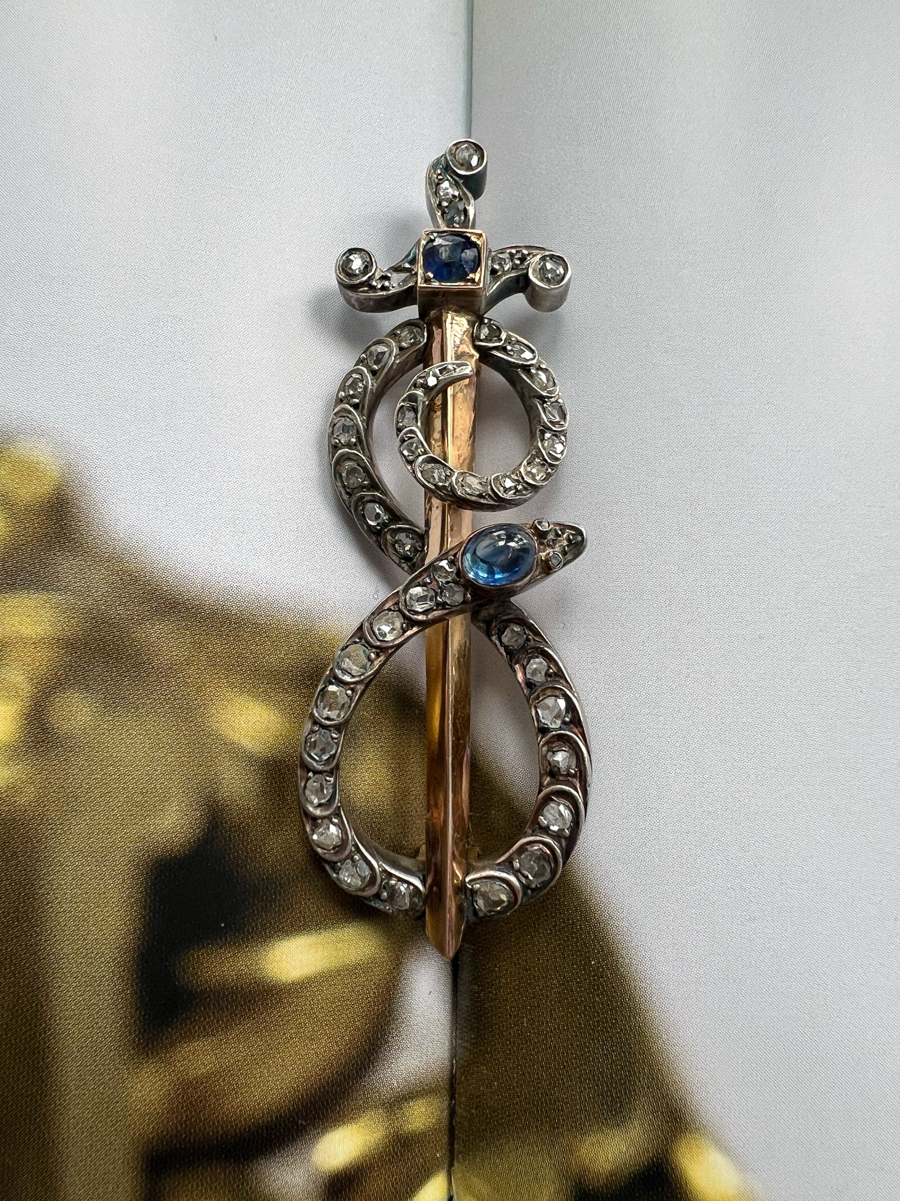 Victorian 18K gold diamond sapphire snake sword brooch pendant