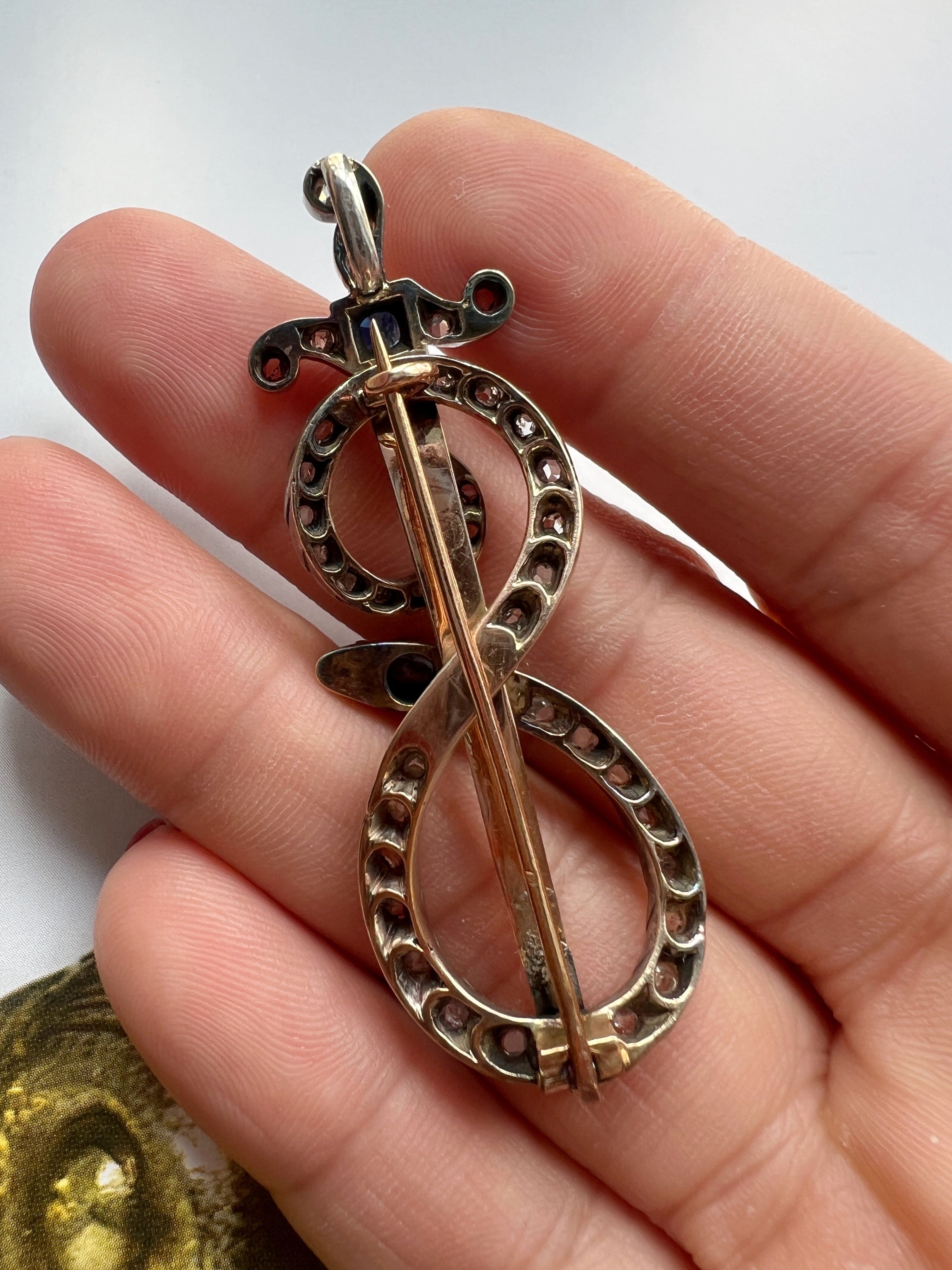 Victorian 18K gold diamond sapphire snake sword brooch pendant