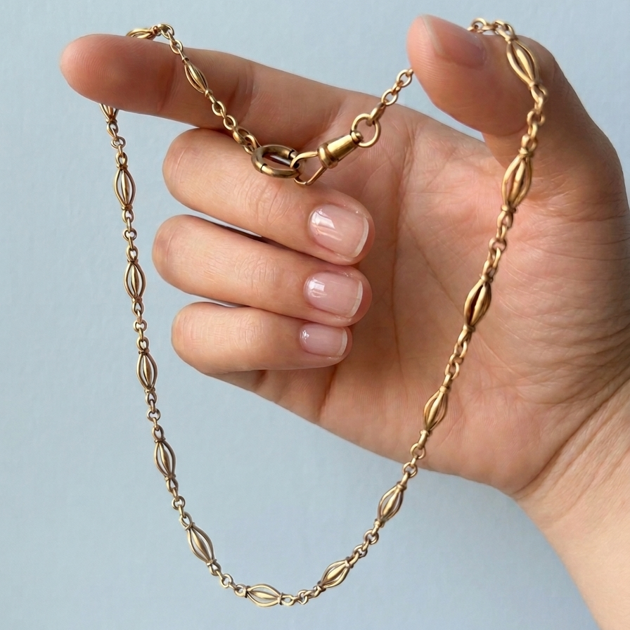 French antique solid 18K yellow gold watch chain necklace