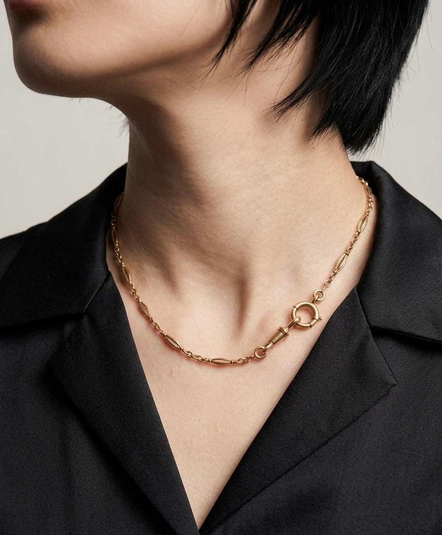 French antique solid 18K yellow gold watch chain necklace