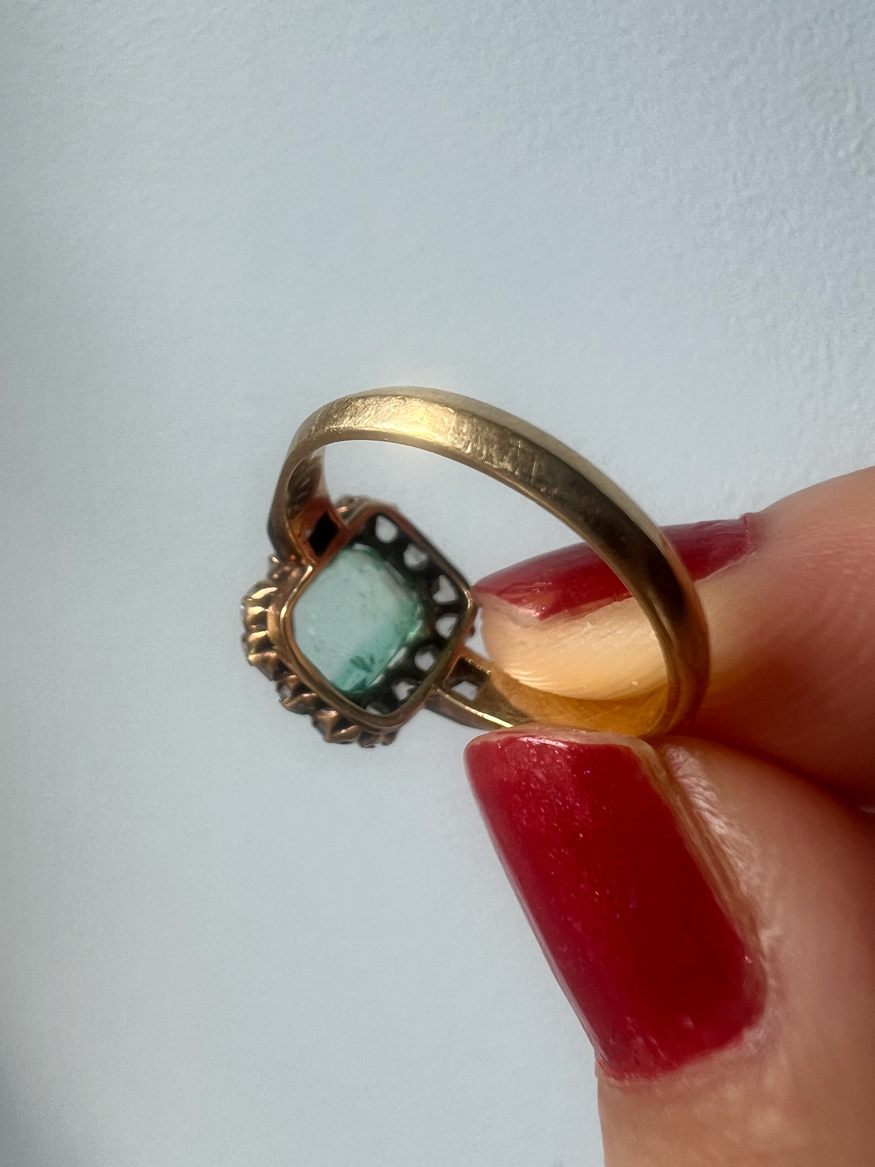 Antique Victorian 18K Gold Emerald Diamond Cluster Ring