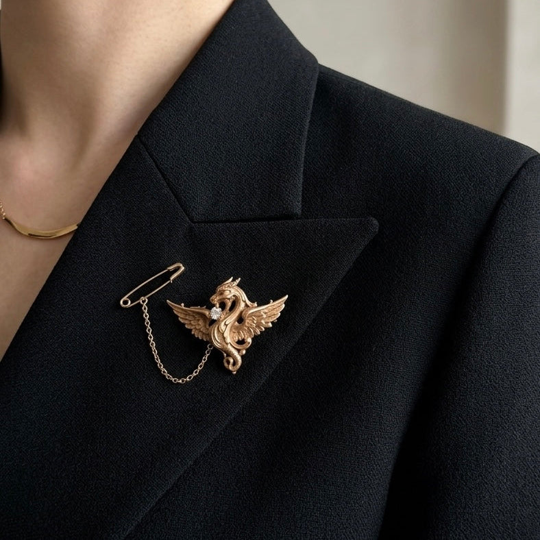 French antique Art Nouveau 18K gold diamond chimera pendant brooch