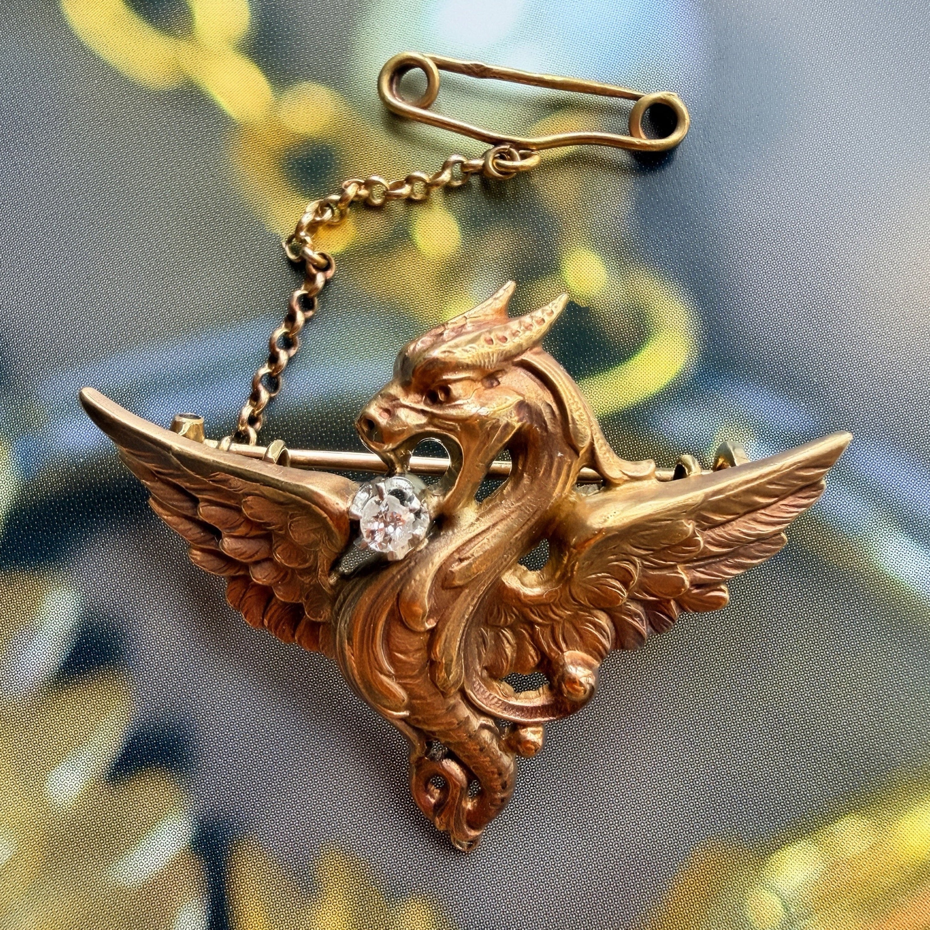 French antique Art Nouveau 18K gold diamond chimera pendant brooch