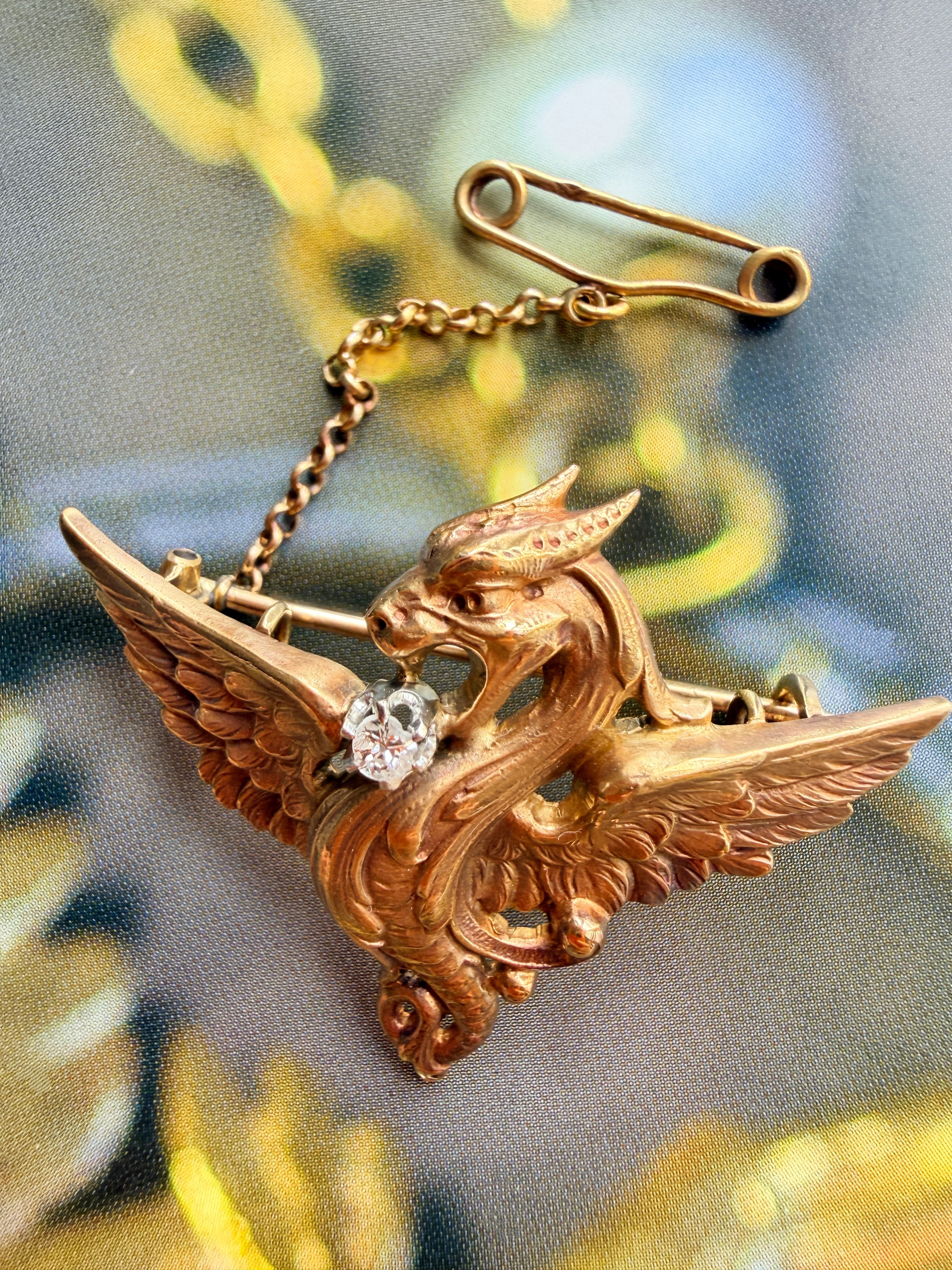 French Art Nouveau 18K gold diamond chimera pendant brooch