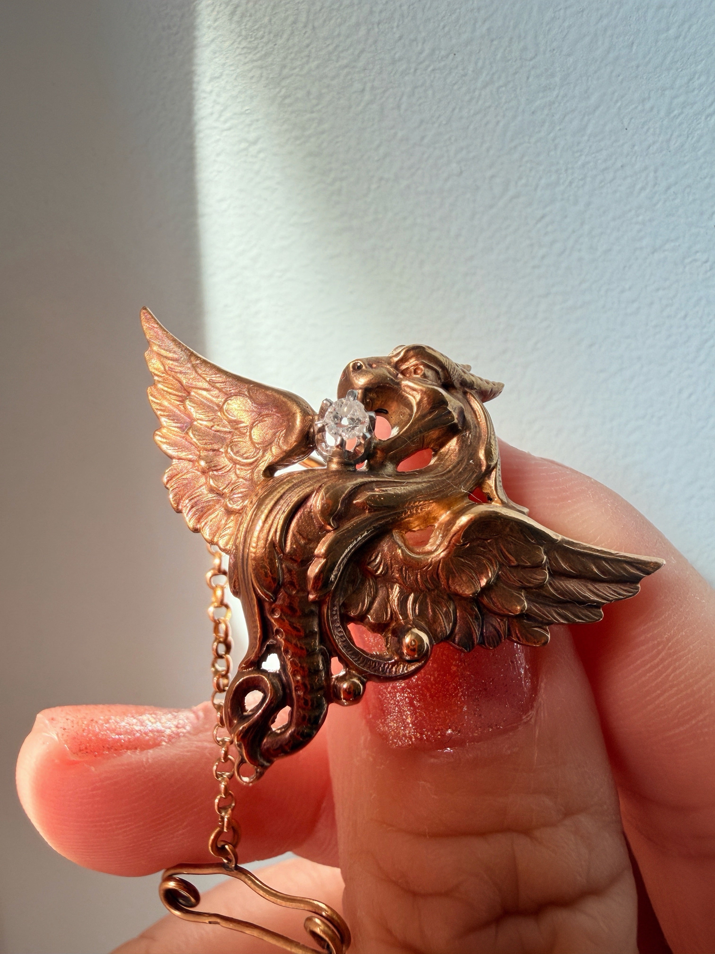 French antique Art Nouveau 18K gold diamond chimera pendant brooch