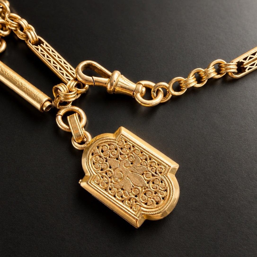 French Antique 19.3g 18K Gold Watch Chain with Locket