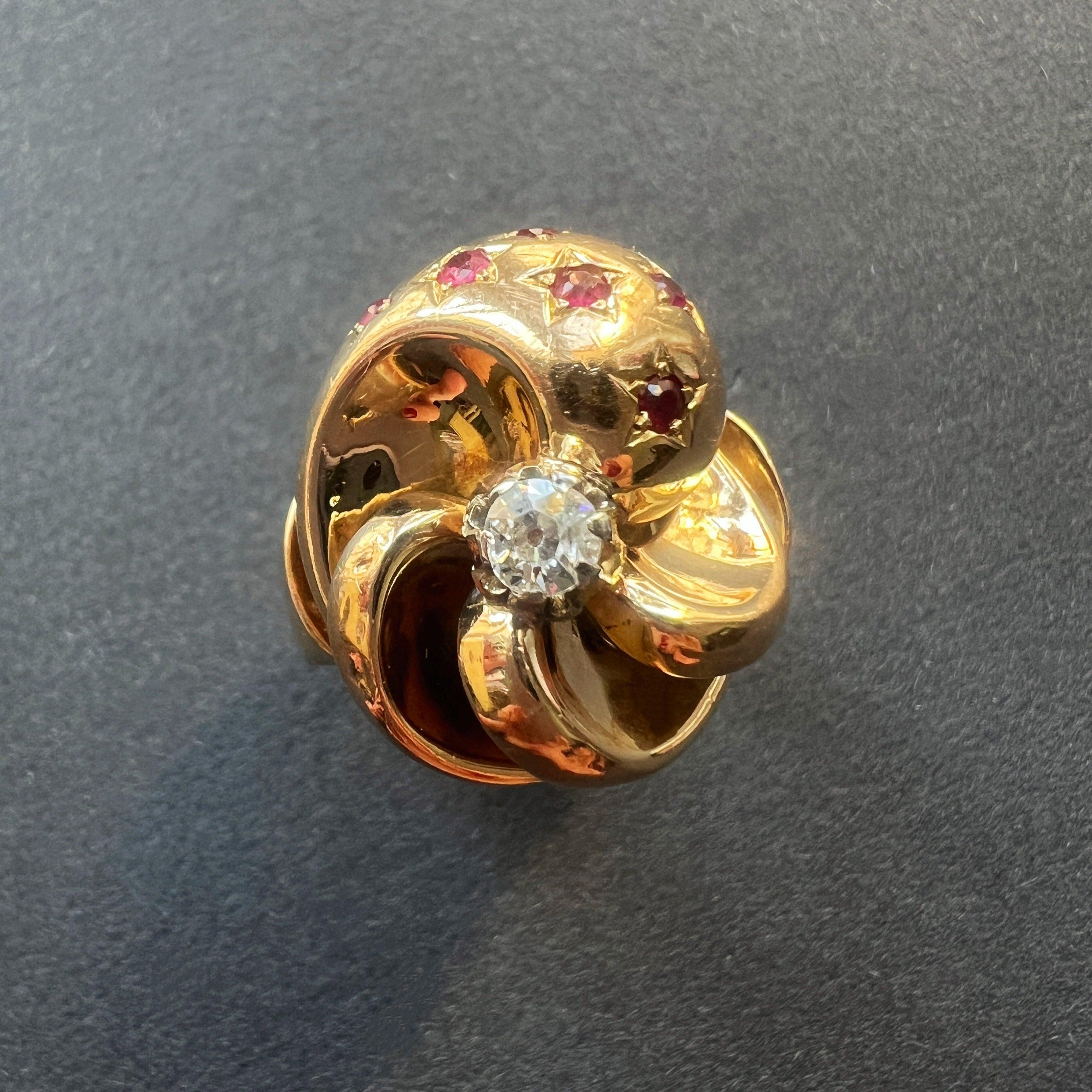 Vintage French Retro 18K gold tourbillon diamond ruby star ring