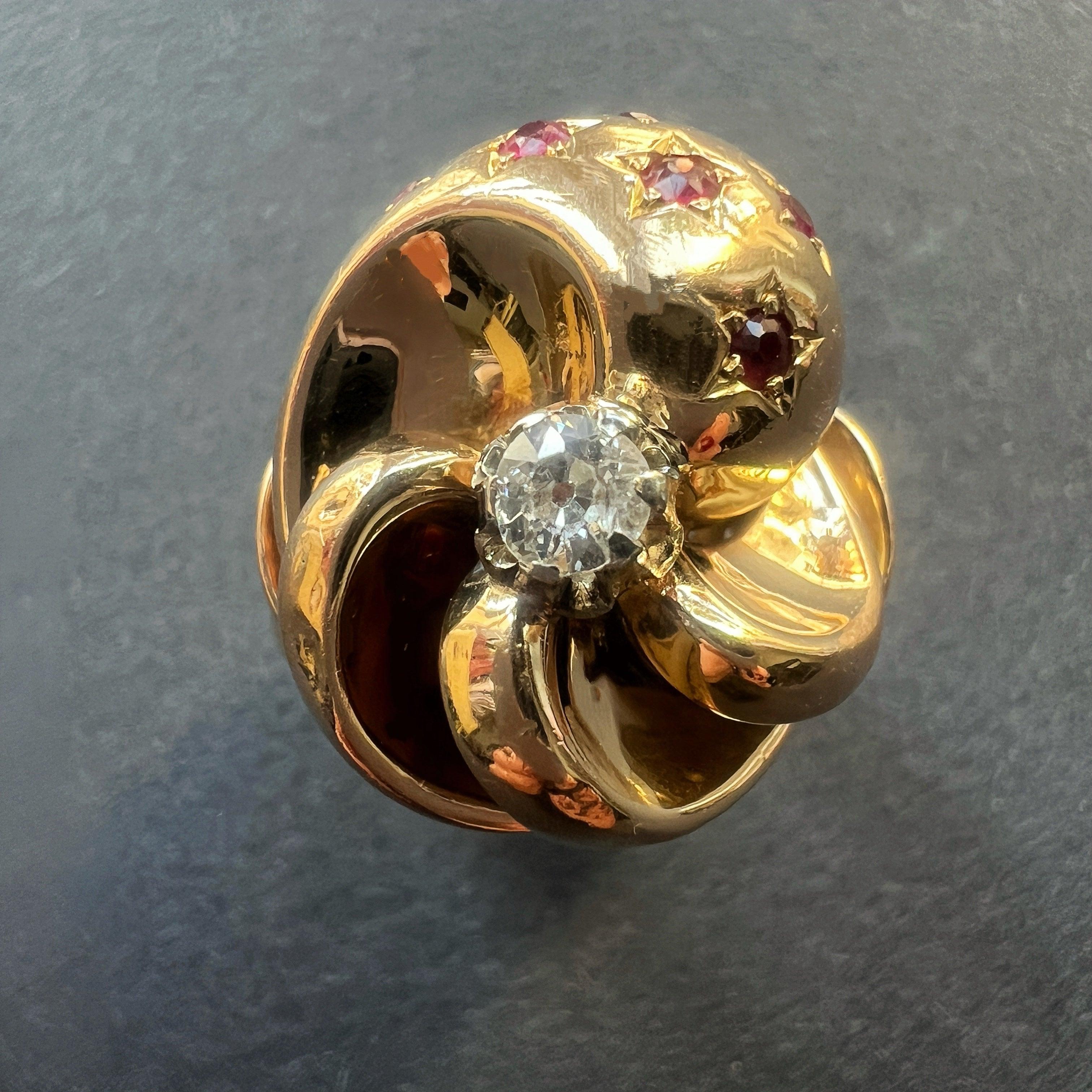 Vintage French Retro 18K gold tourbillon diamond ruby star ring