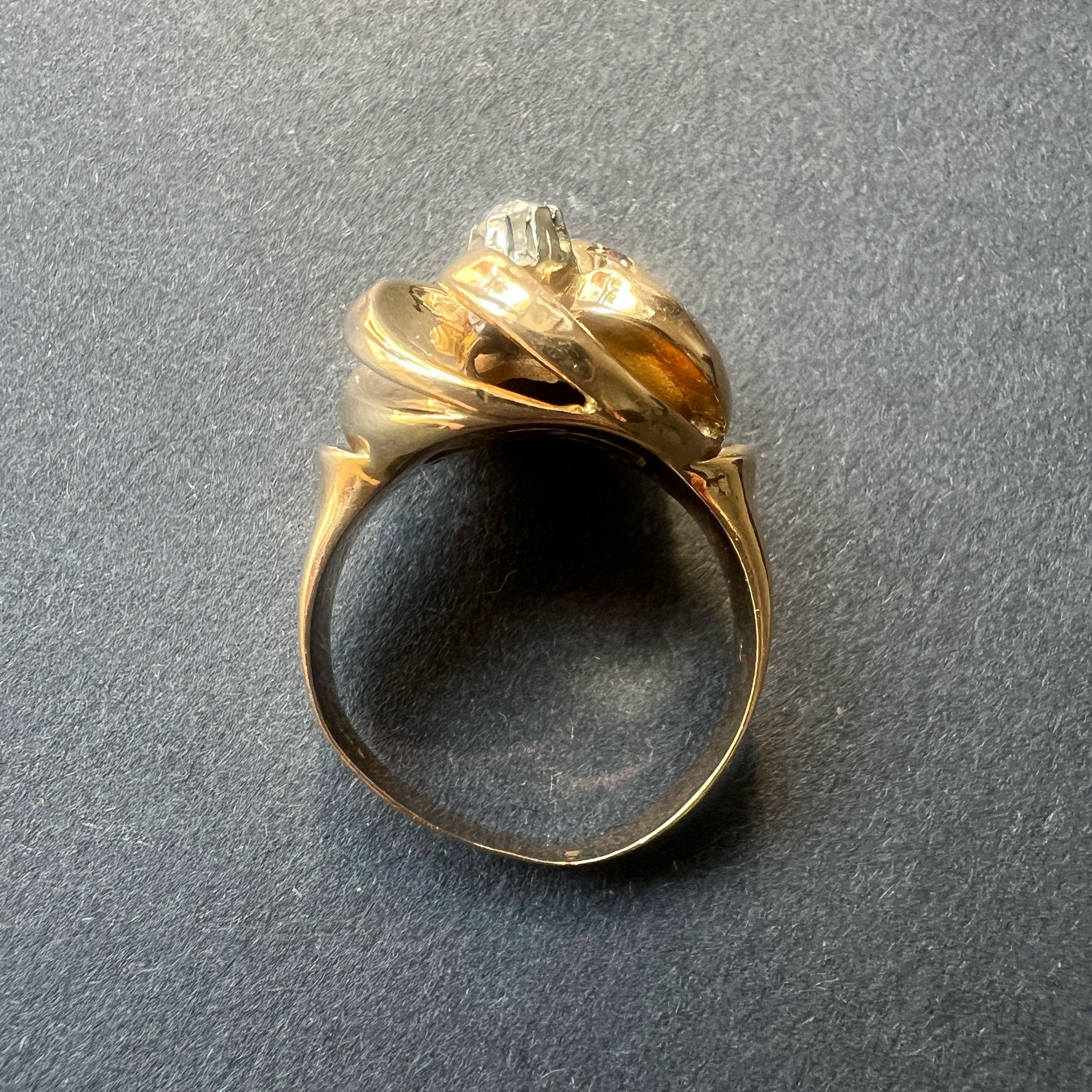 Vintage French Retro 18K gold tourbillon diamond ruby star ring