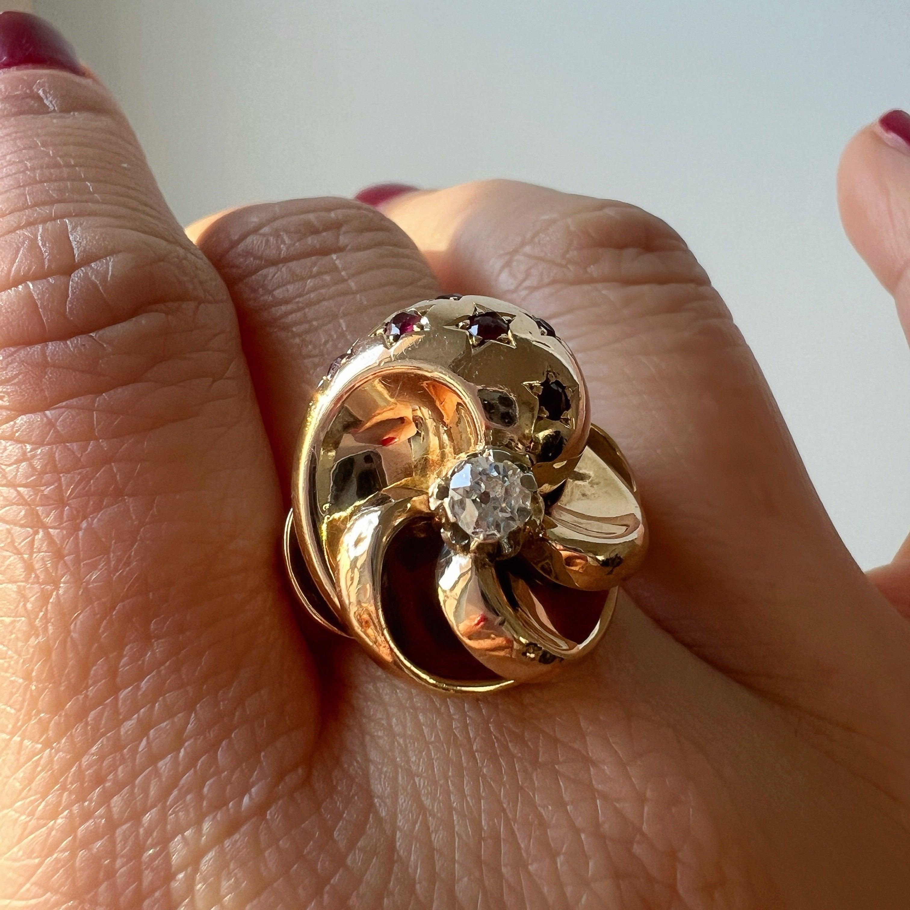 Vintage French Retro 18K gold tourbillon diamond ruby star ring
