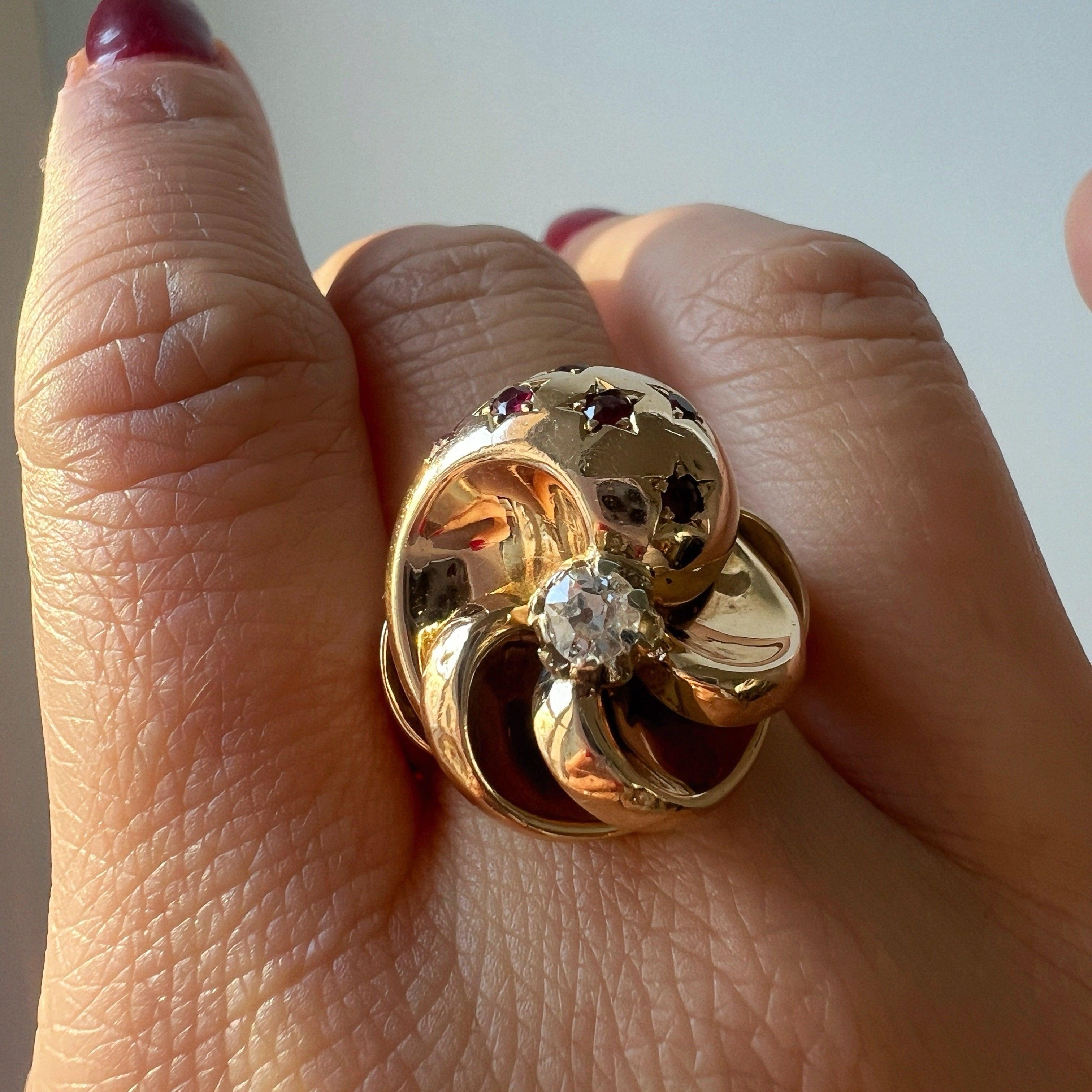 Vintage French Retro 18K gold tourbillon diamond ruby star ring