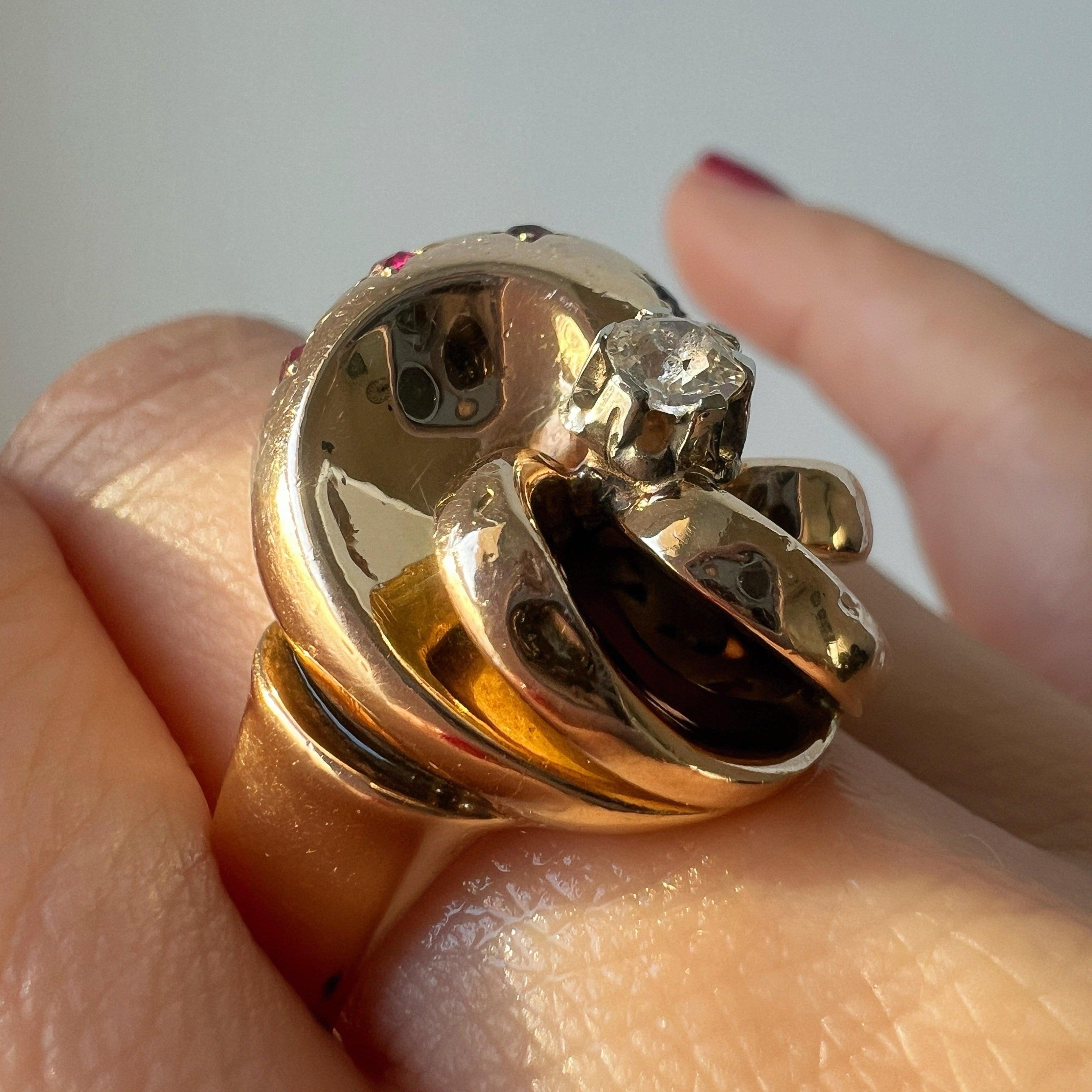 Vintage French Retro 18K gold tourbillon diamond ruby star ring