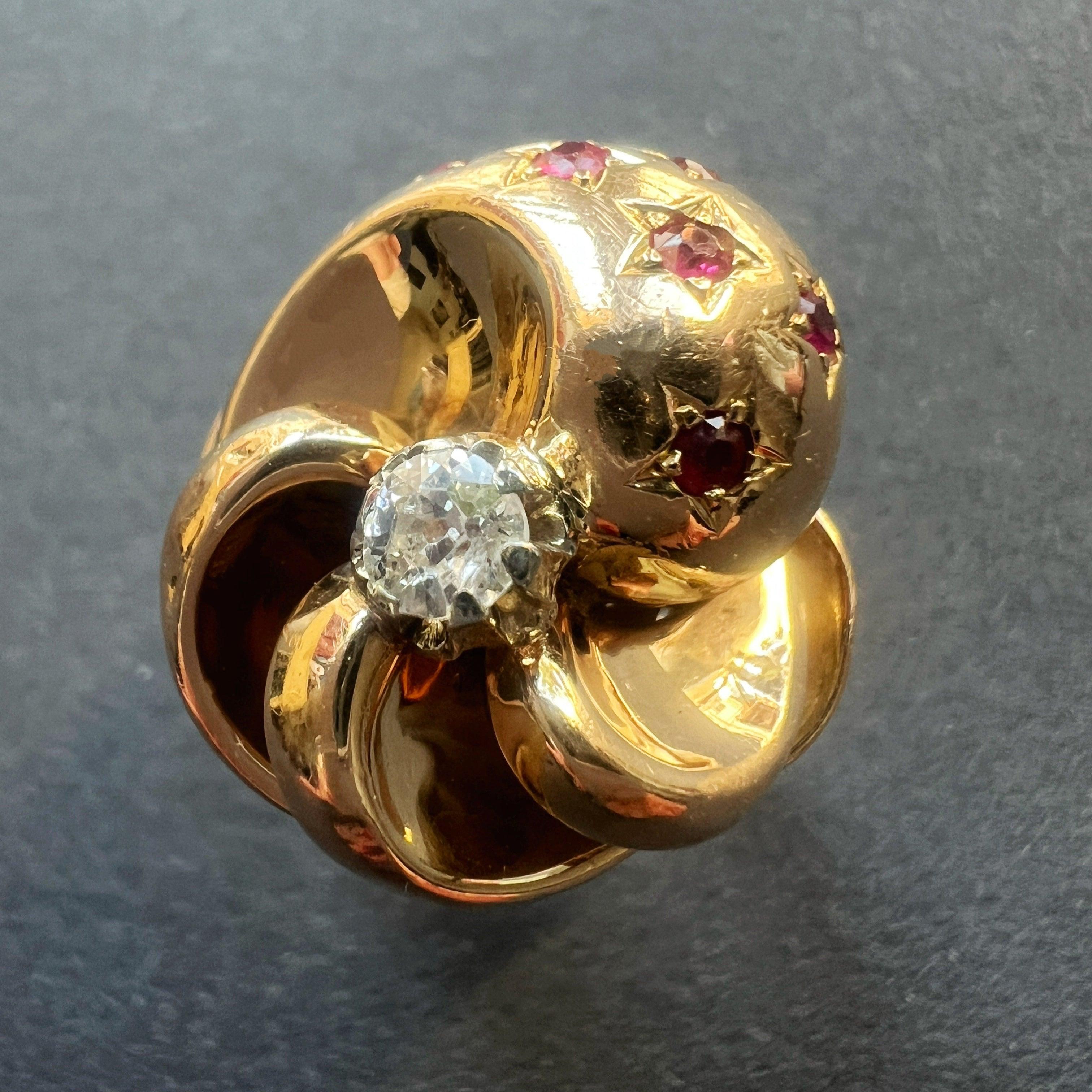 Vintage French Retro 18K gold tourbillon diamond ruby star ring