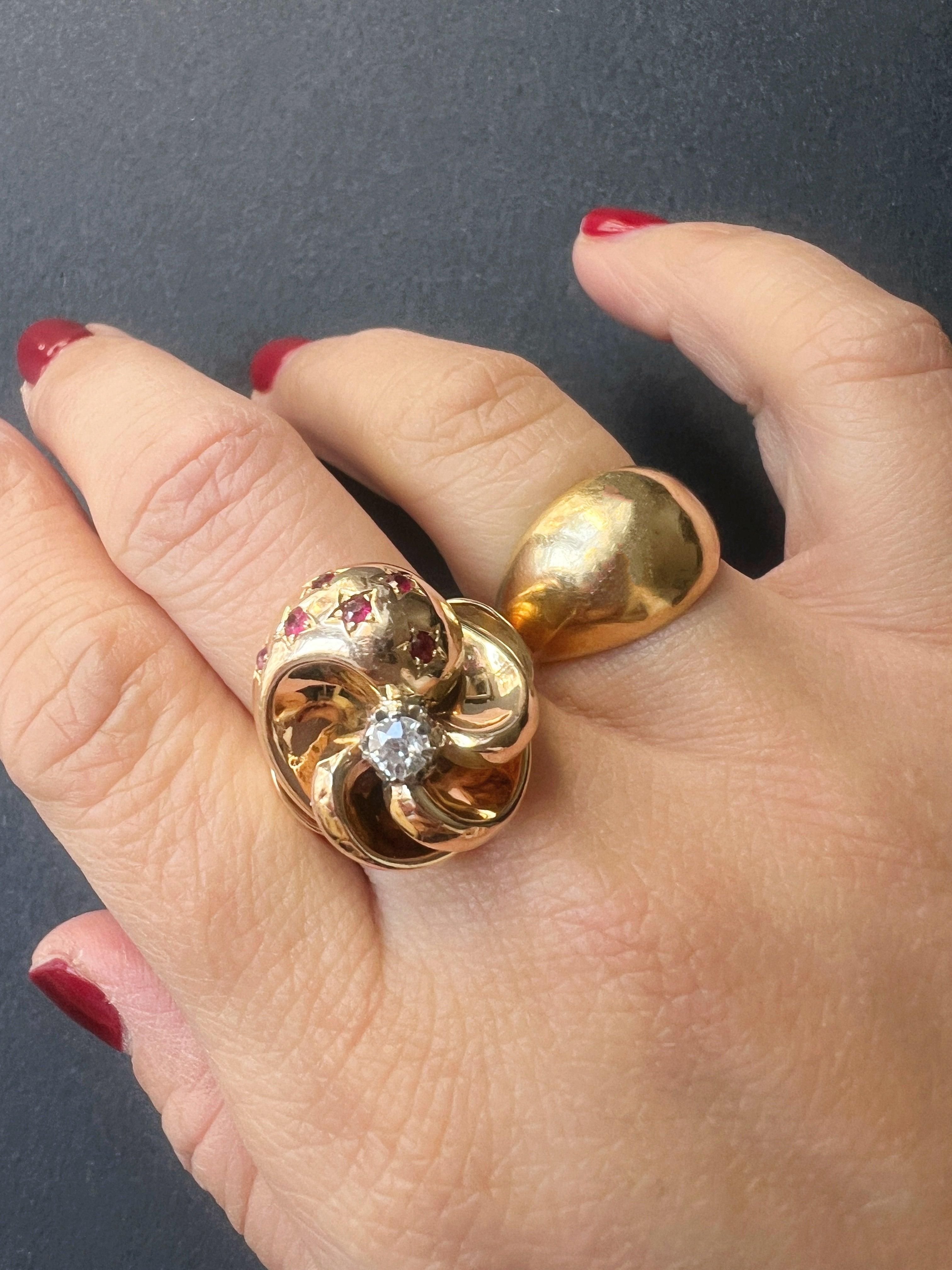 Vintage French Retro 18K gold tourbillon diamond ruby star ring