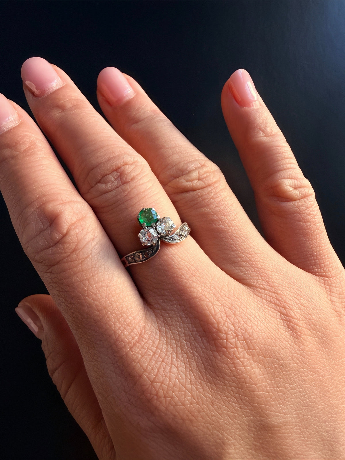 French Antique 18K Gold Emerald & Diamond Duchess Ring