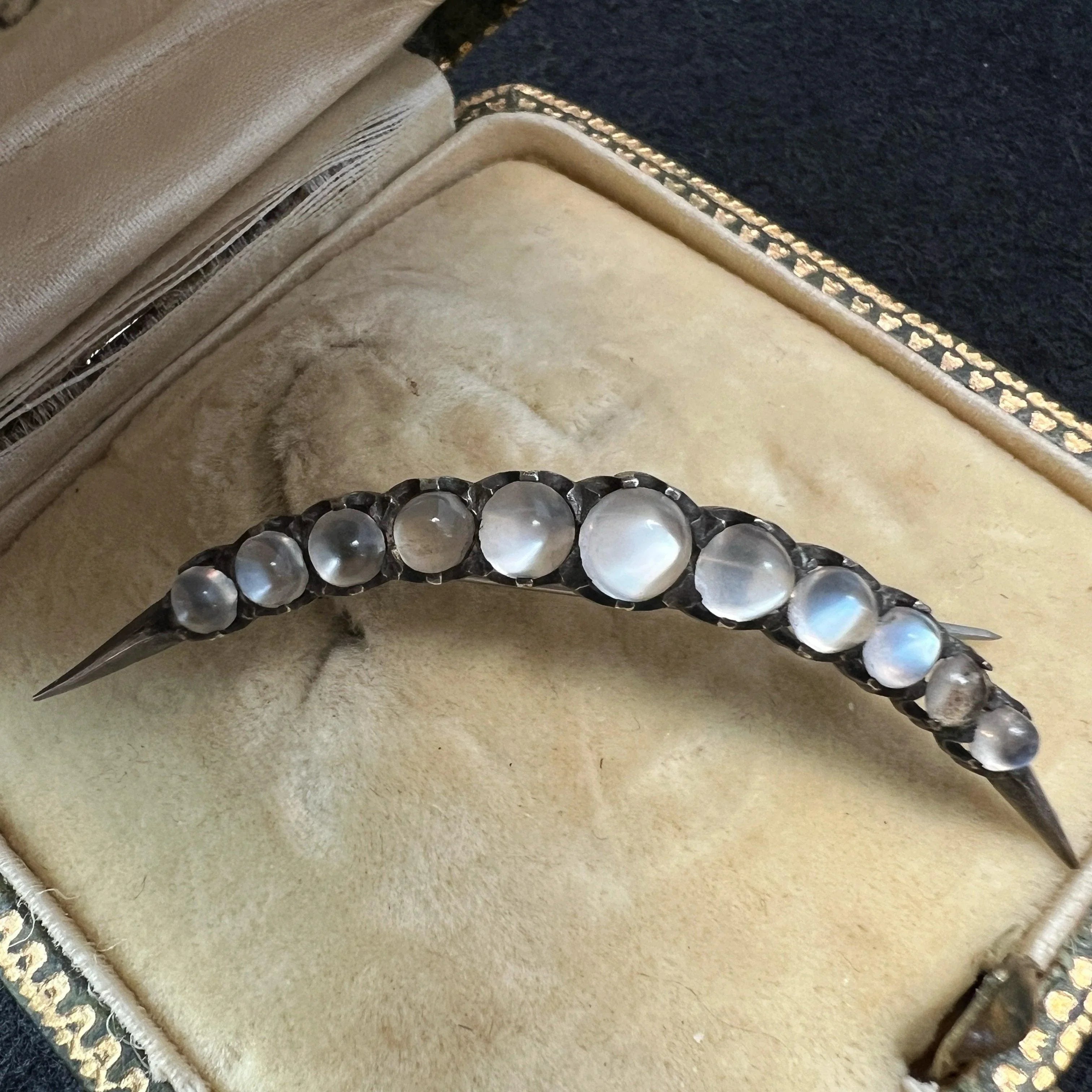 Antique silver moonstone crescent moon brooch - Curiously timeless