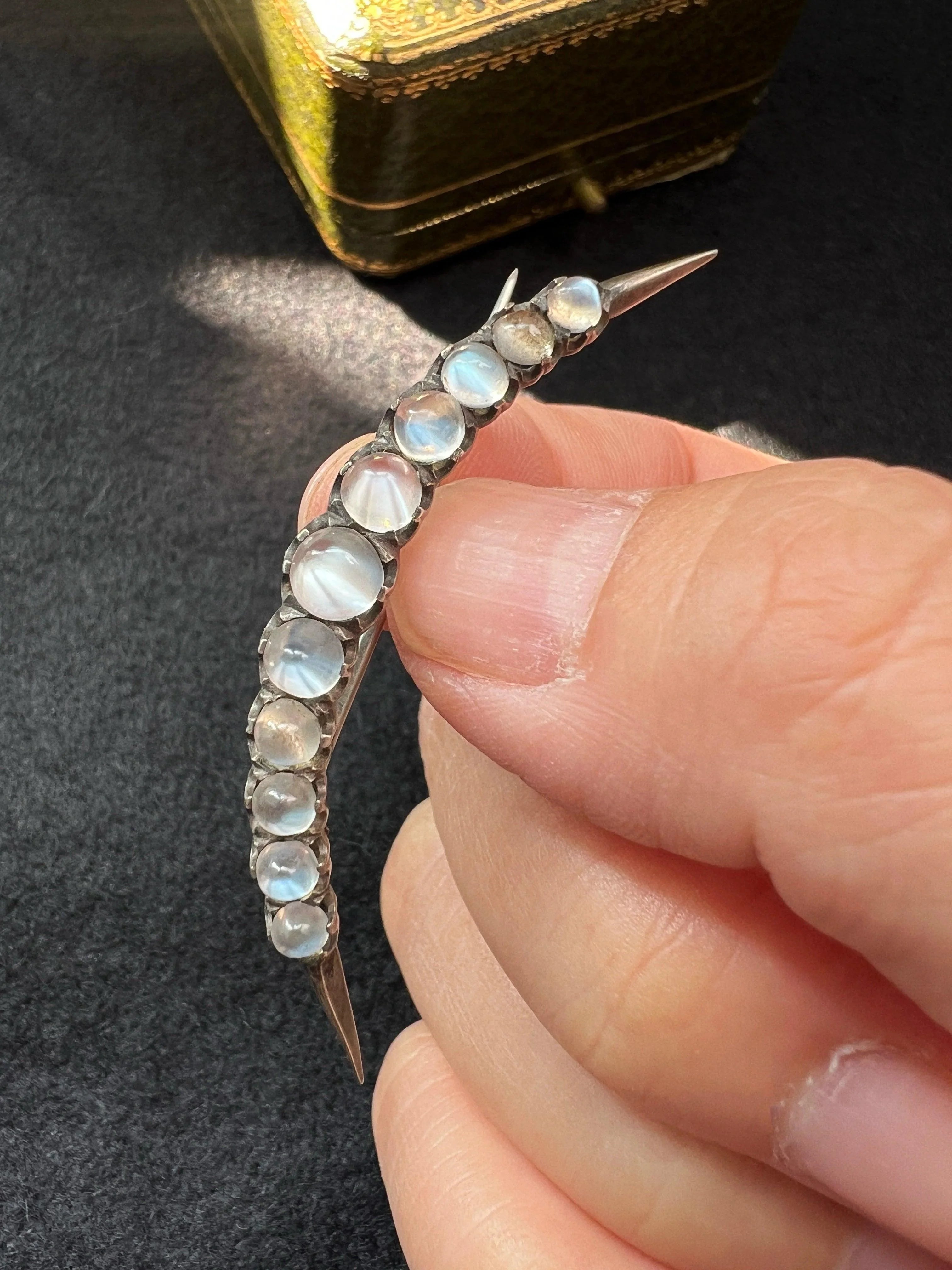 Antique silver moonstone crescent moon brooch - Curiously timeless