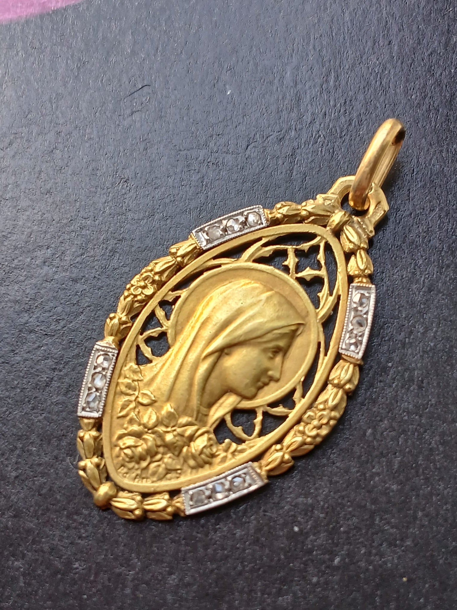 18K Gold French Antique Virgin Mary Diamond Medal pendant