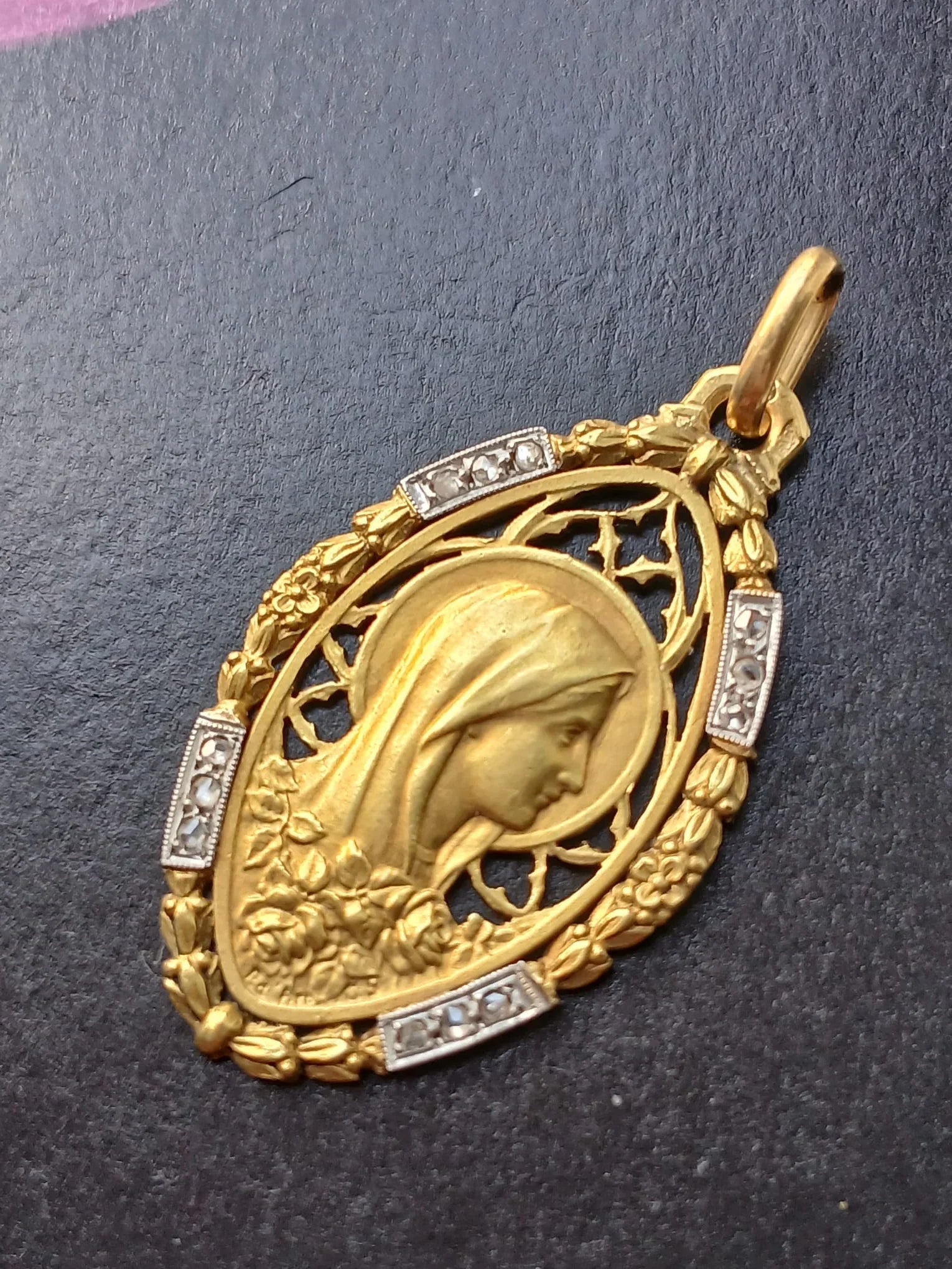 18K Gold French Antique Virgin Mary Diamond Medal pendant