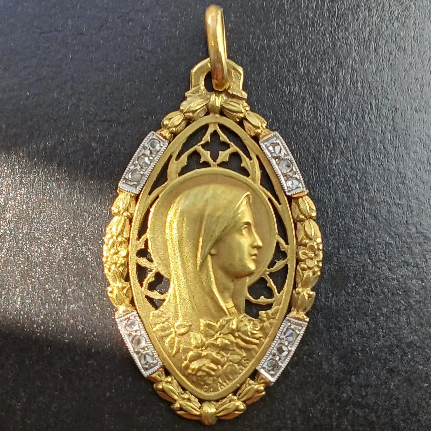 18K Gold French Antique Virgin Mary Diamond Medal pendant
