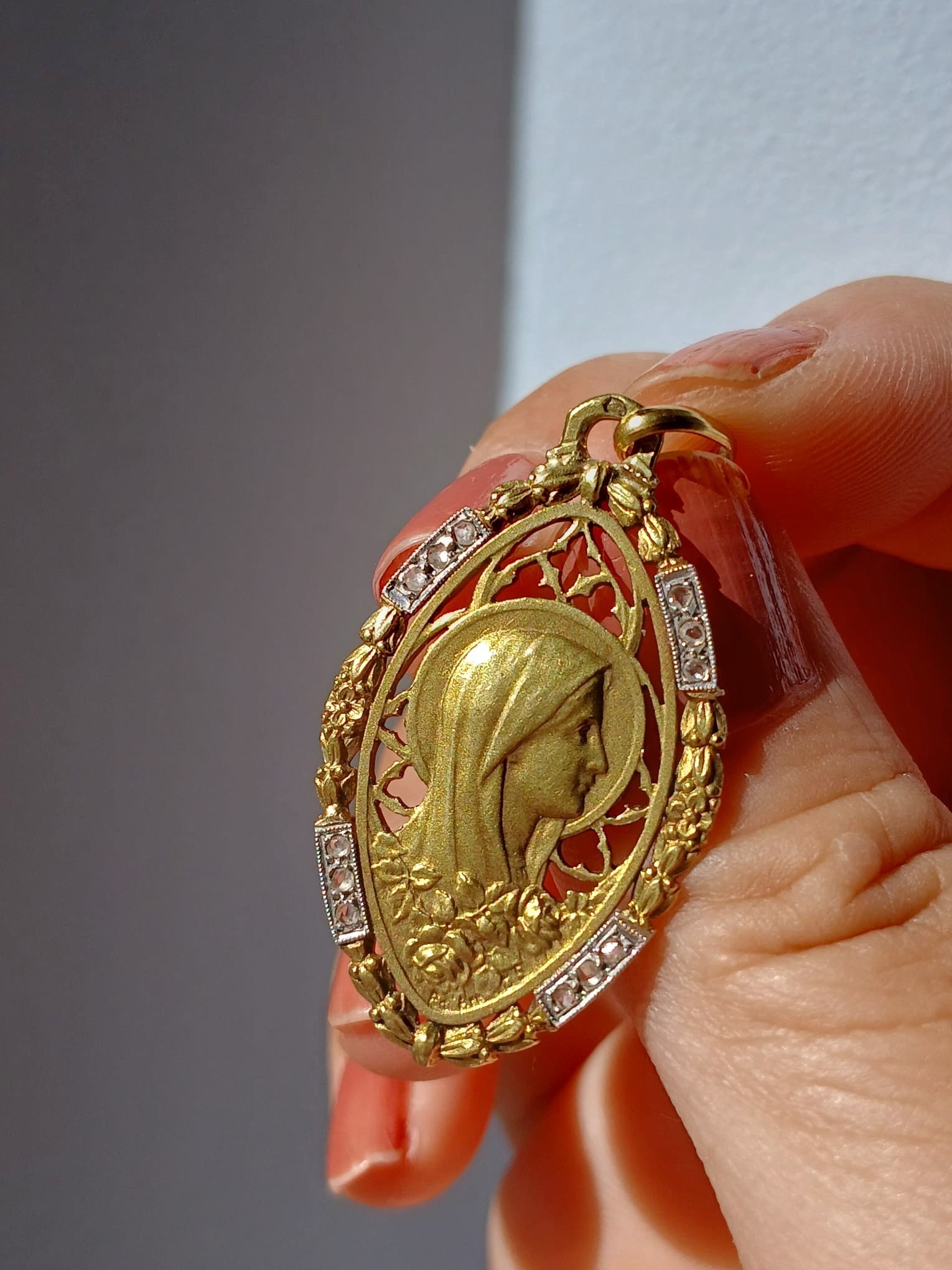 18K Gold French Antique Virgin Mary Diamond Medal pendant