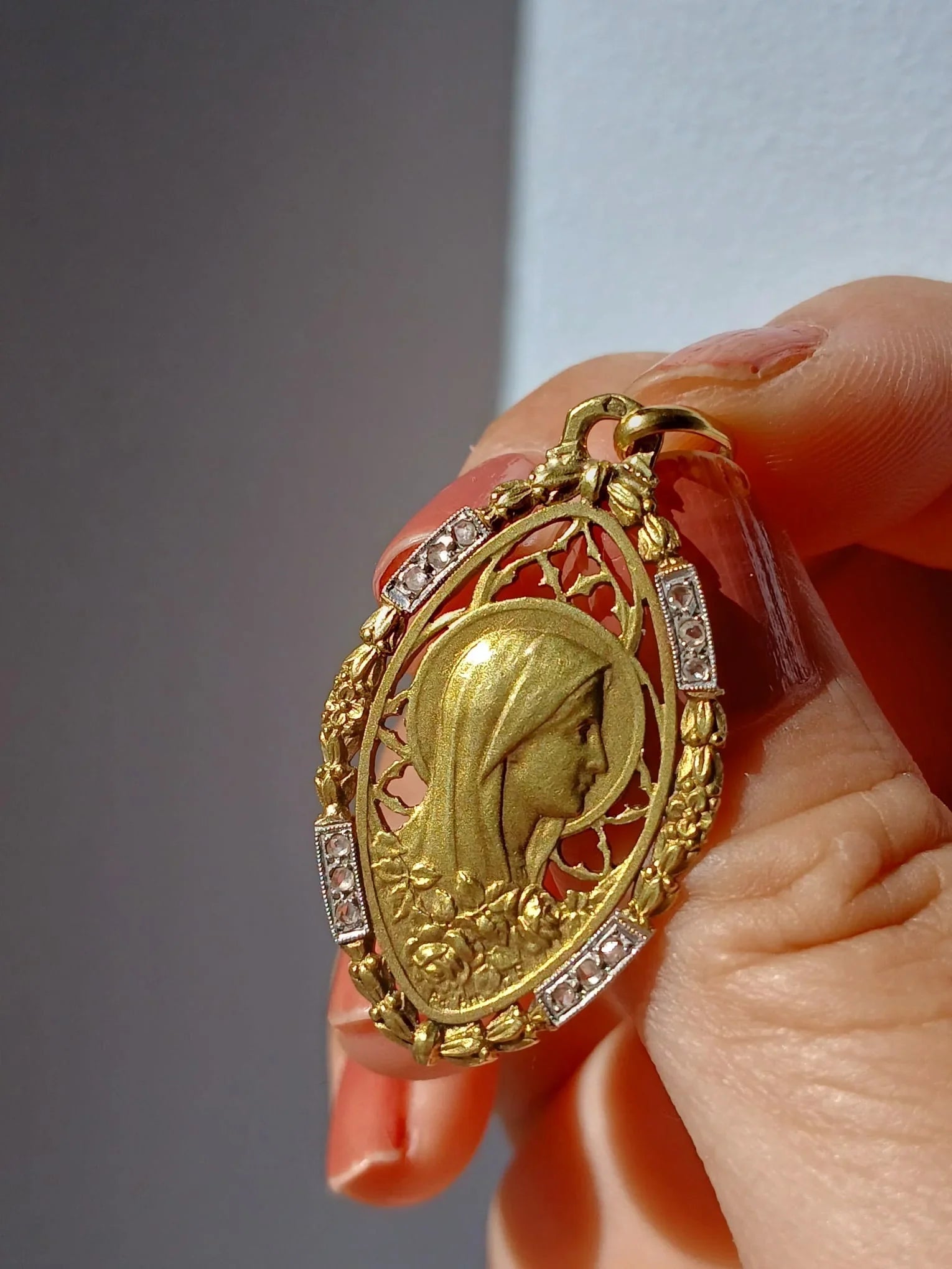 18K Gold French Antique Virgin Mary Diamond Medal pendant
