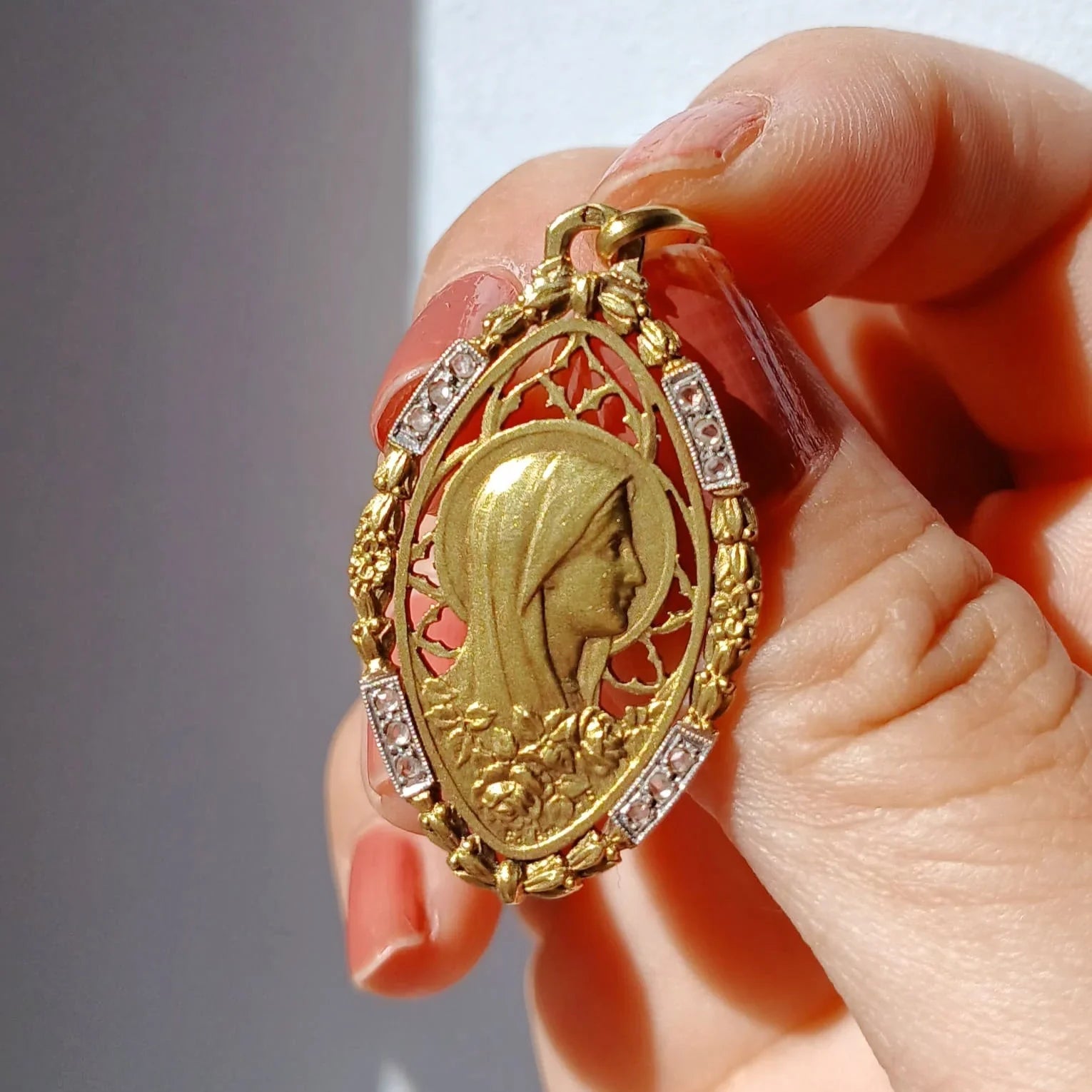 18K Gold French Antique Virgin Mary Diamond Medal pendant