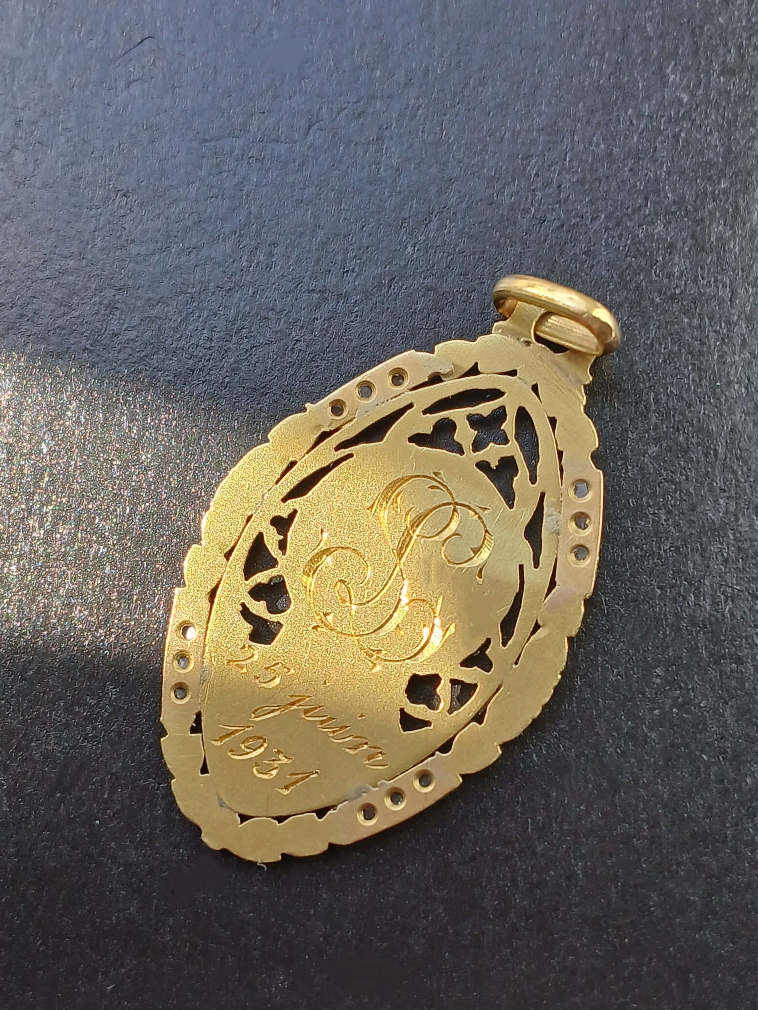 18K Gold French Antique Virgin Mary Diamond Medal pendant