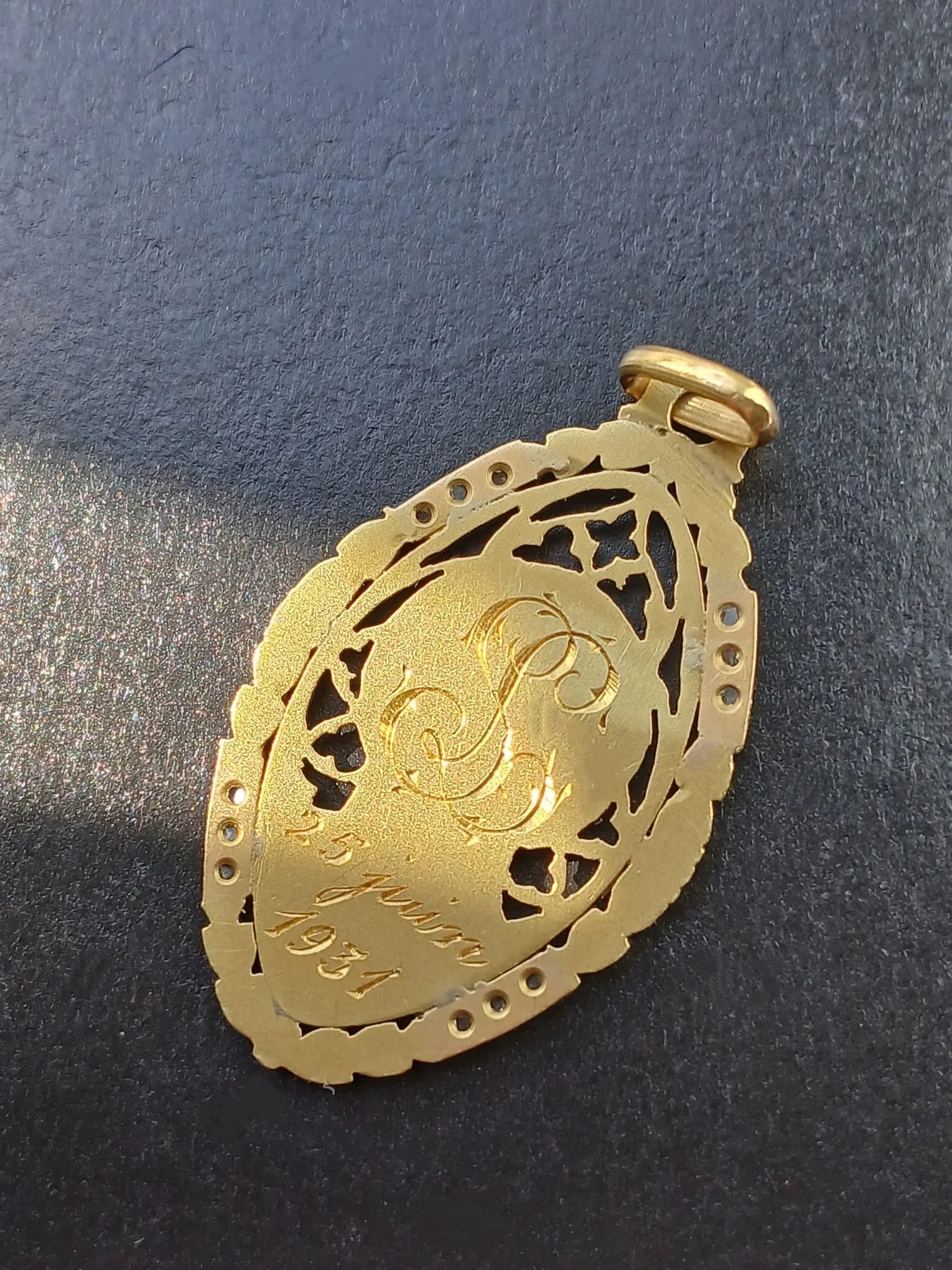 18K Gold French Antique Virgin Mary Diamond Medal pendant