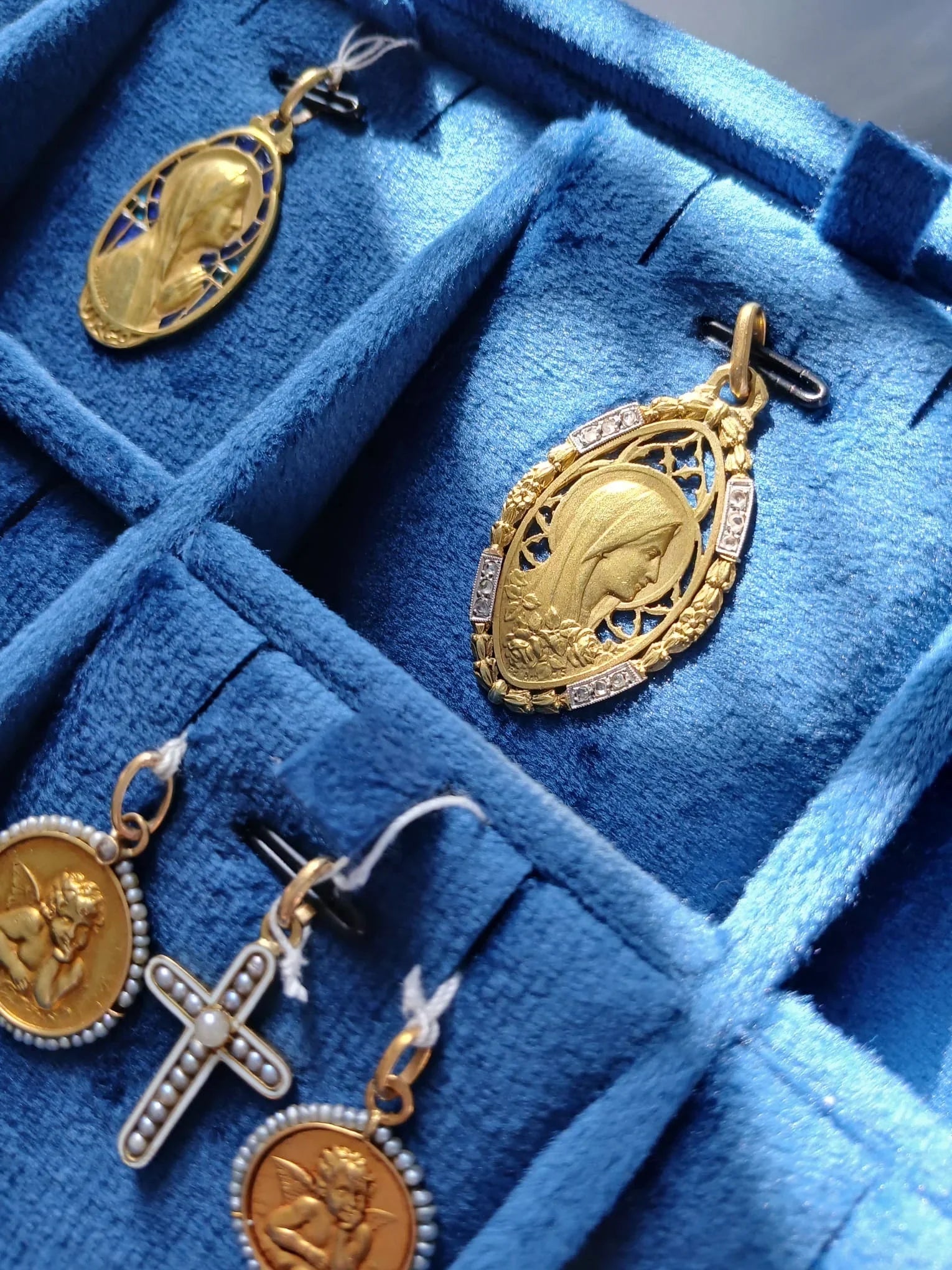 18K Gold French Antique Virgin Mary Diamond Medal pendant