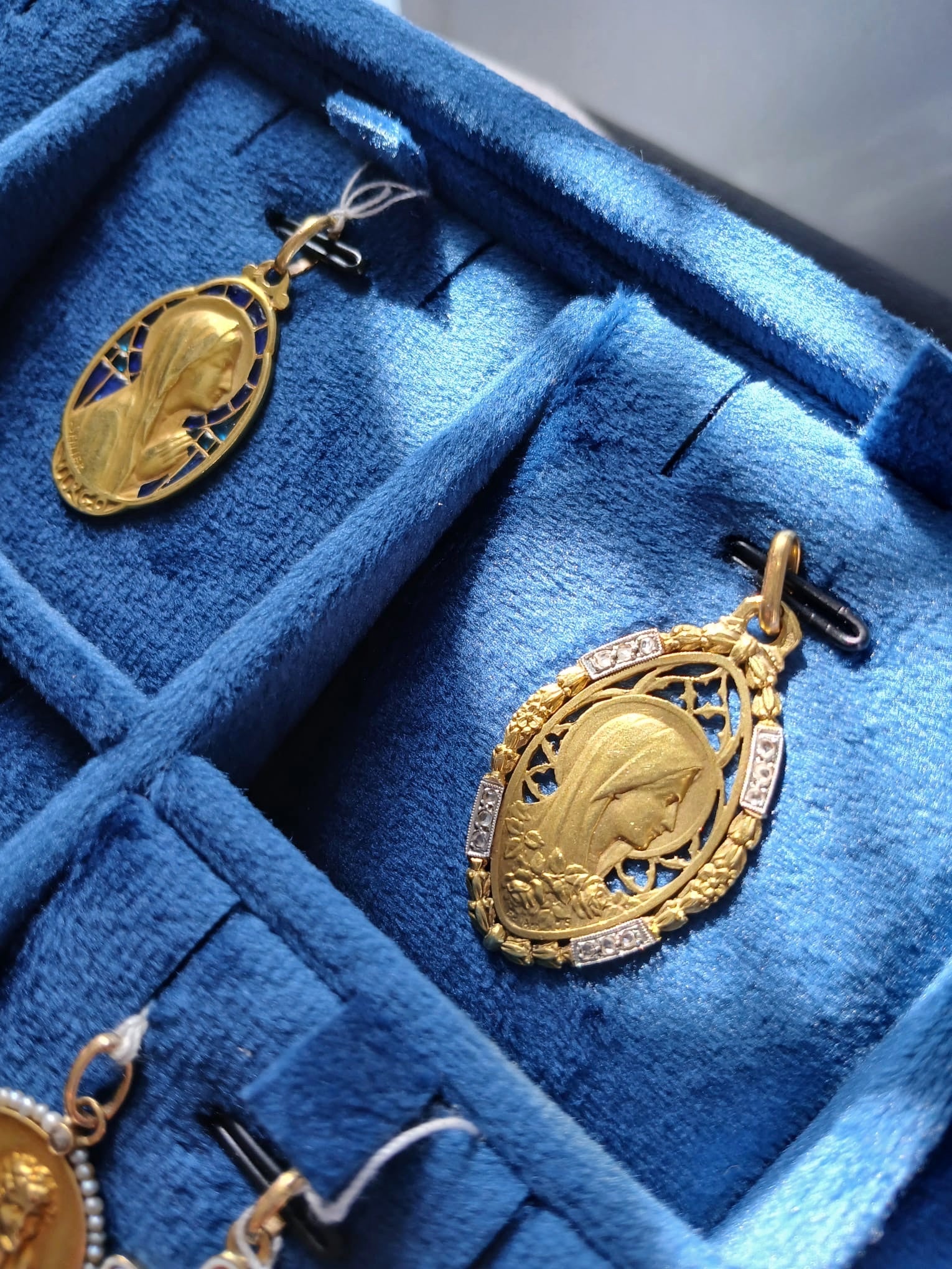 18K Gold French Antique Virgin Mary Diamond Medal pendant