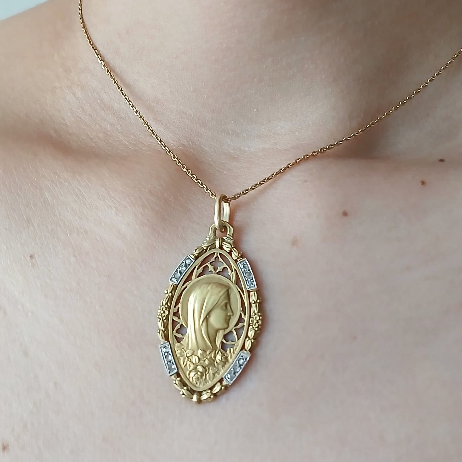 18K Gold French Antique Virgin Mary Diamond Medal pendant