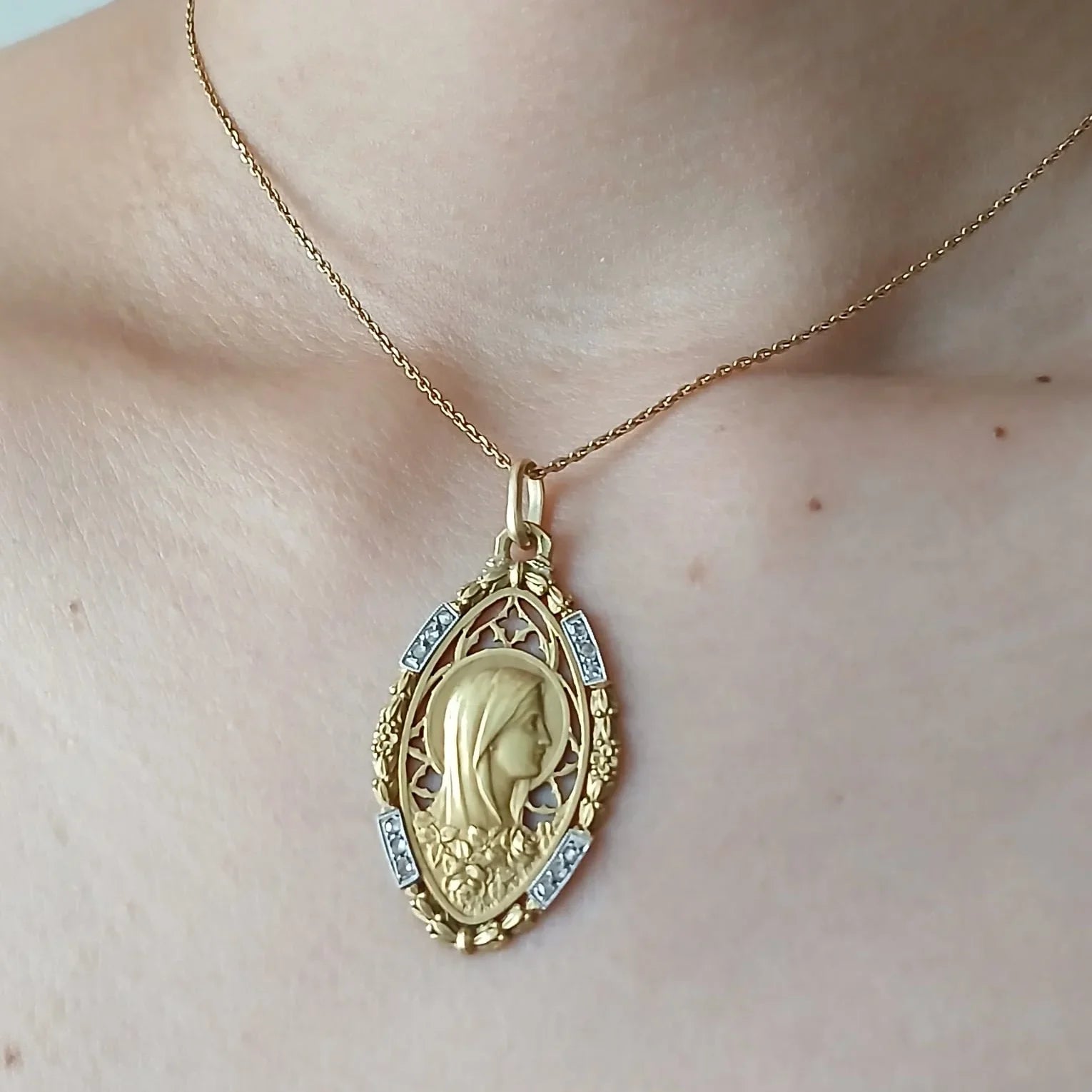 18K Gold French Antique Virgin Mary Diamond Medal pendant