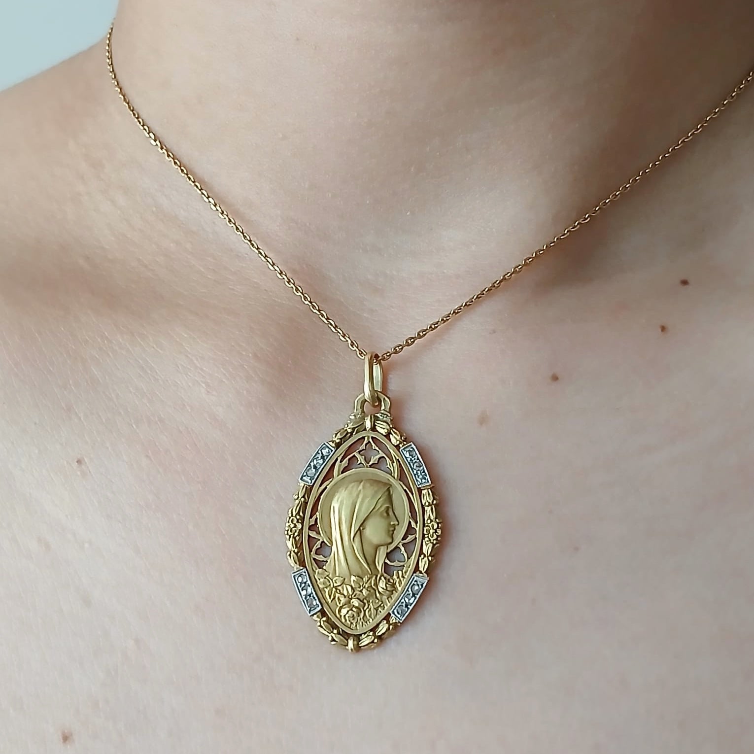 18K Gold French Antique Virgin Mary Diamond Medal pendant