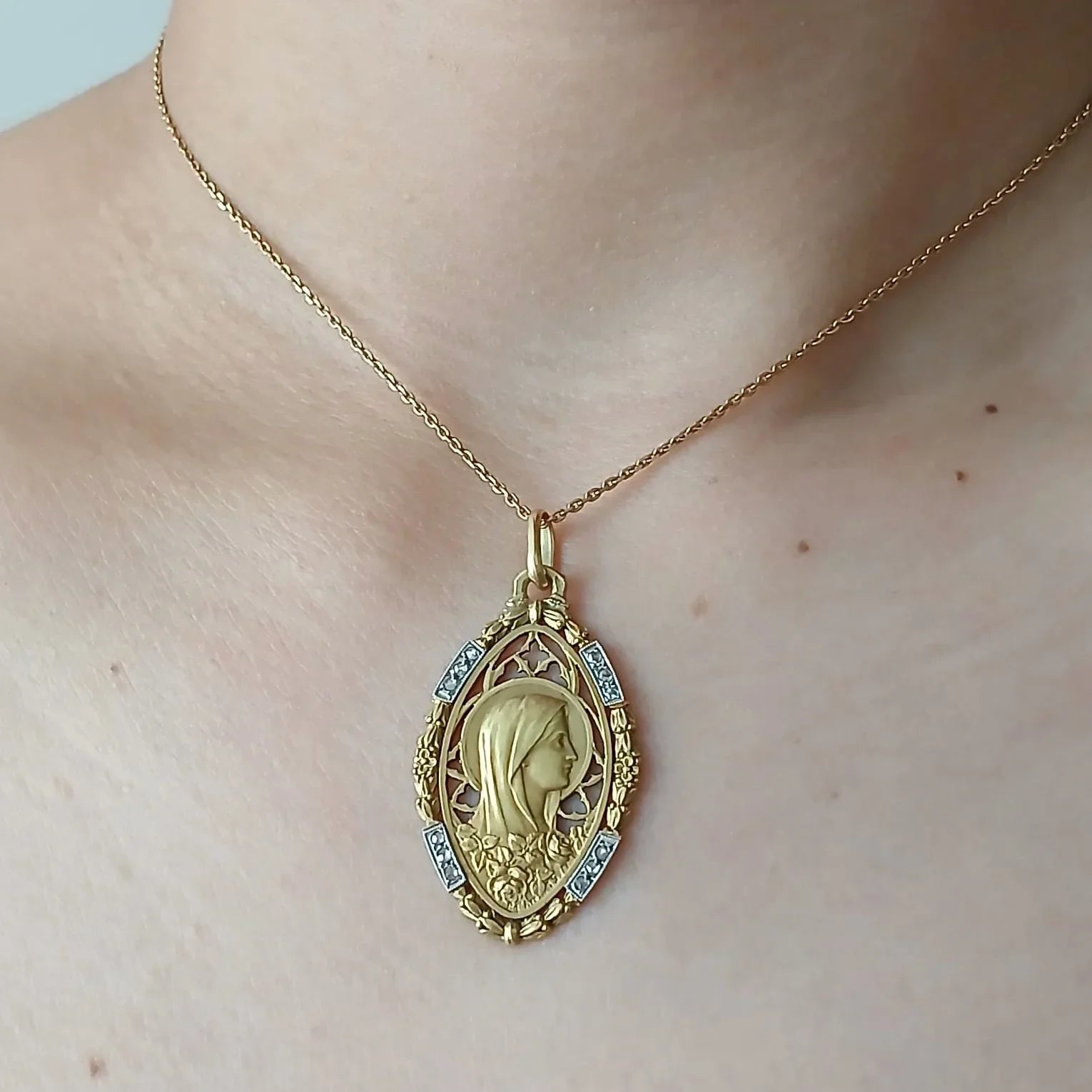18K Gold French Antique Virgin Mary Diamond Medal pendant