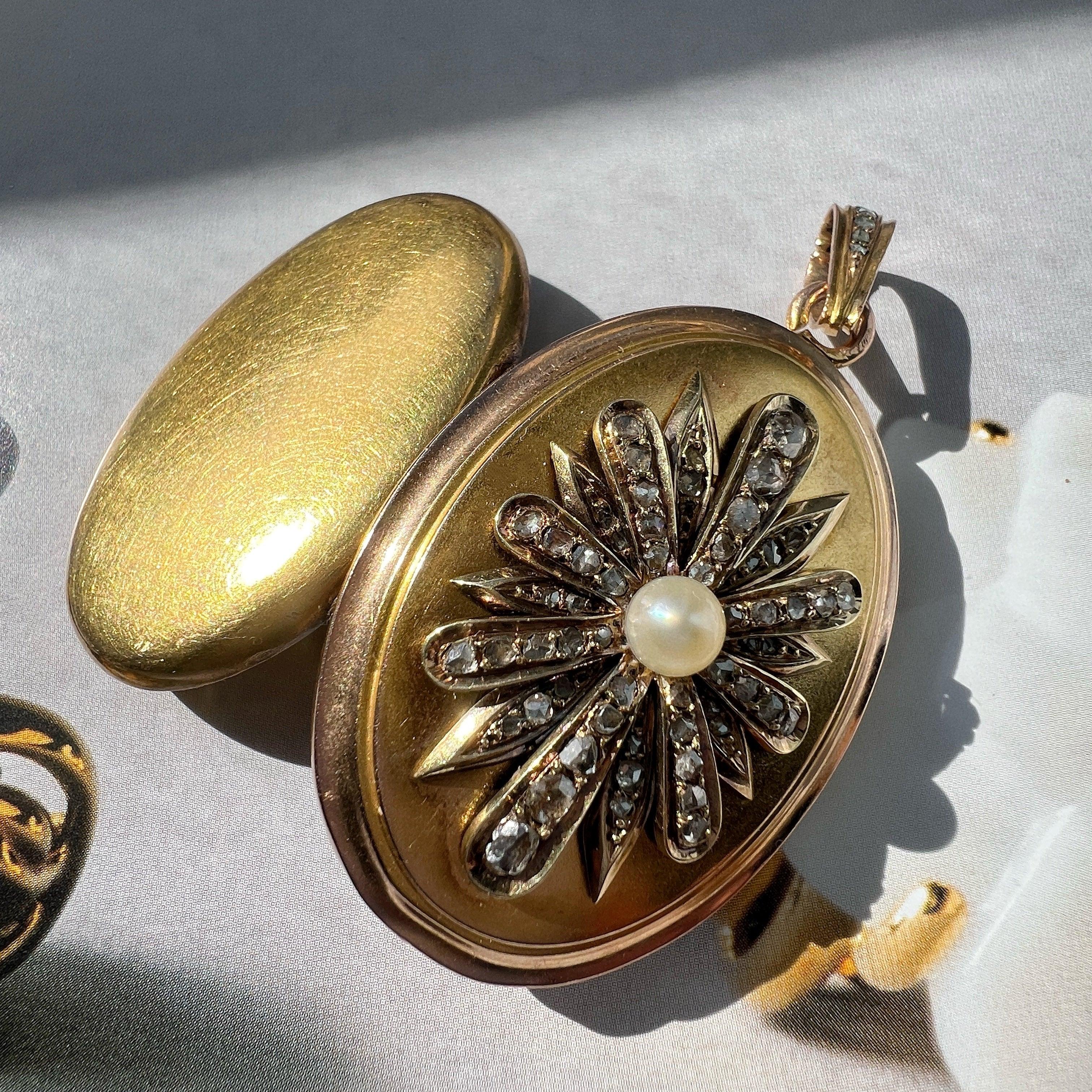 Victorian 18K Gold Diamond natural Pearl Daisy Locket Pendant