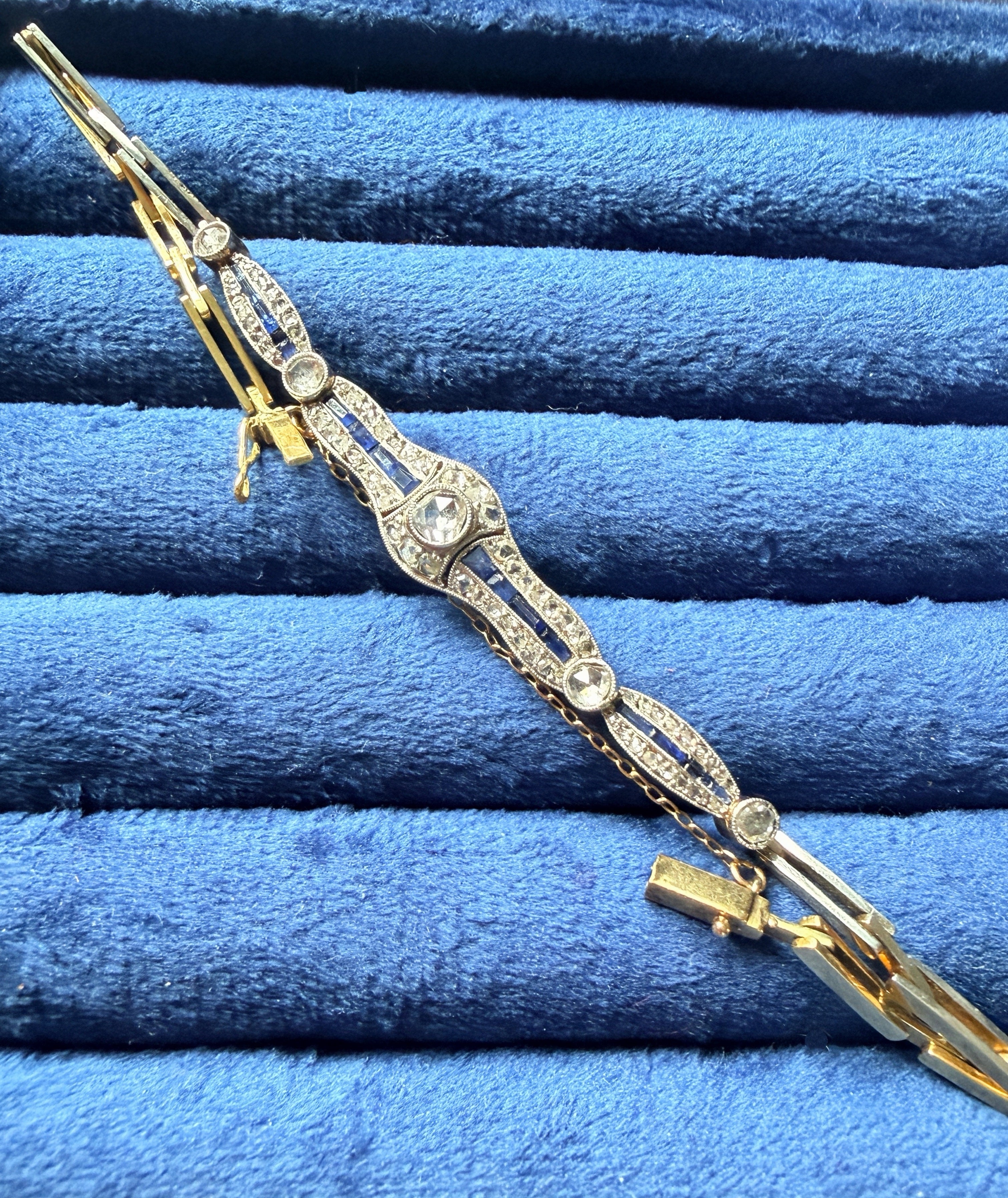 Art Deco era 18K Gold diamond blue sapphire bracelet