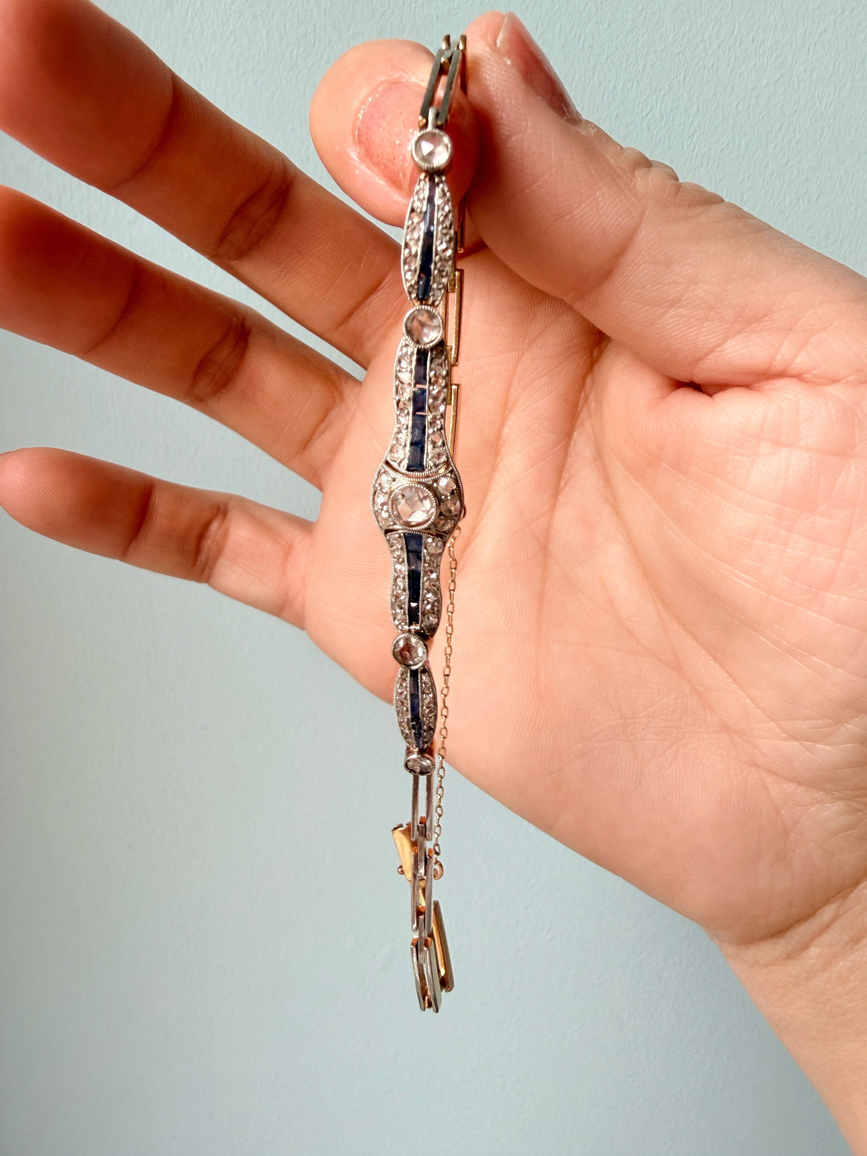 Art Deco era 18K Gold diamond blue sapphire bracelet