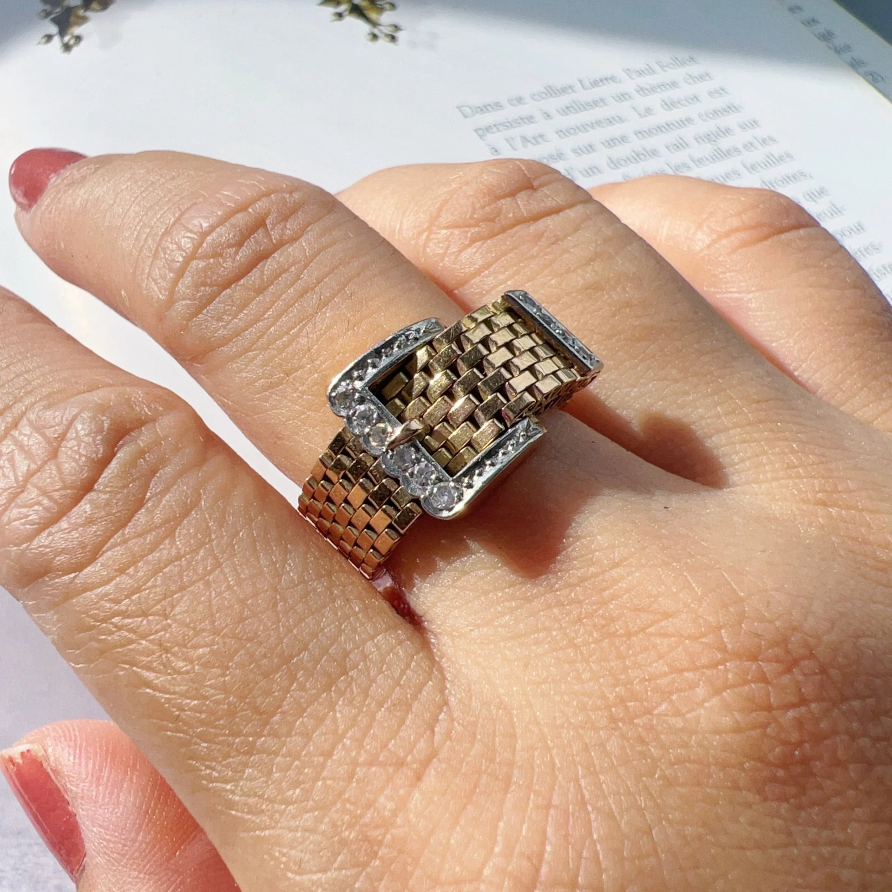 French 18K Gold Belt & Buckle Ring with Diamonds