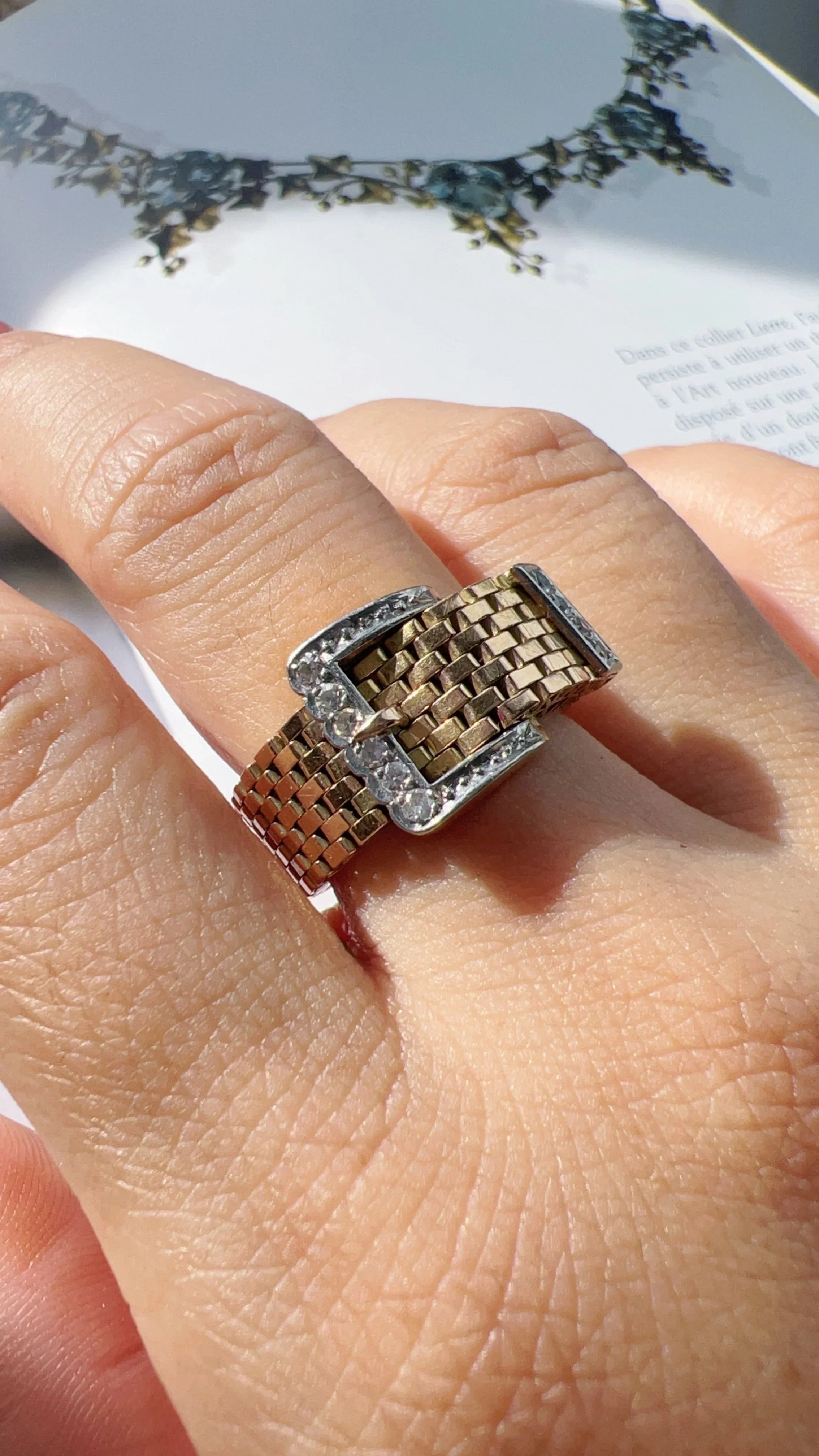 French 18K Gold Belt & Buckle Ring with Diamonds