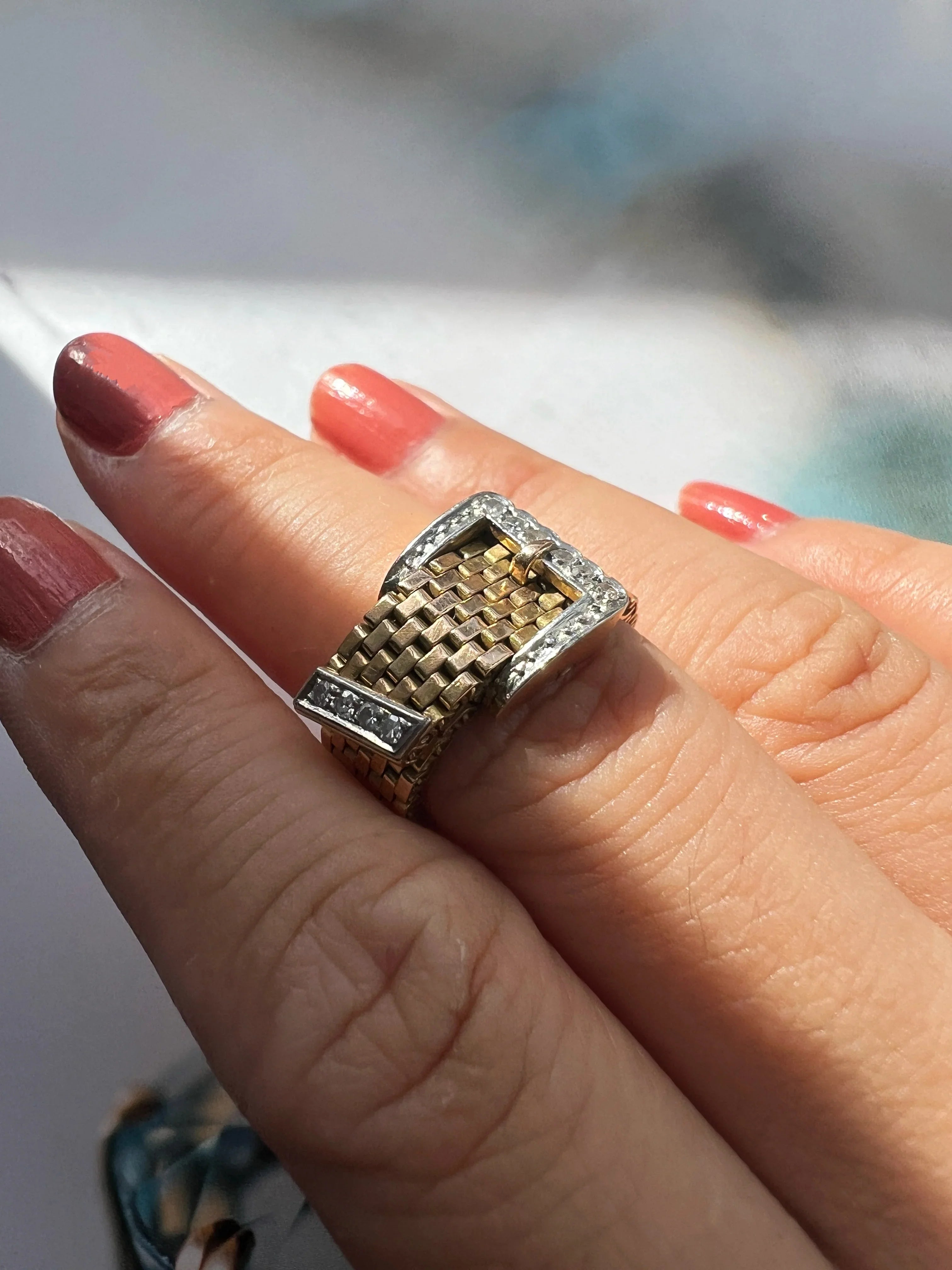 French 18K Gold Belt & Buckle Ring with Diamonds