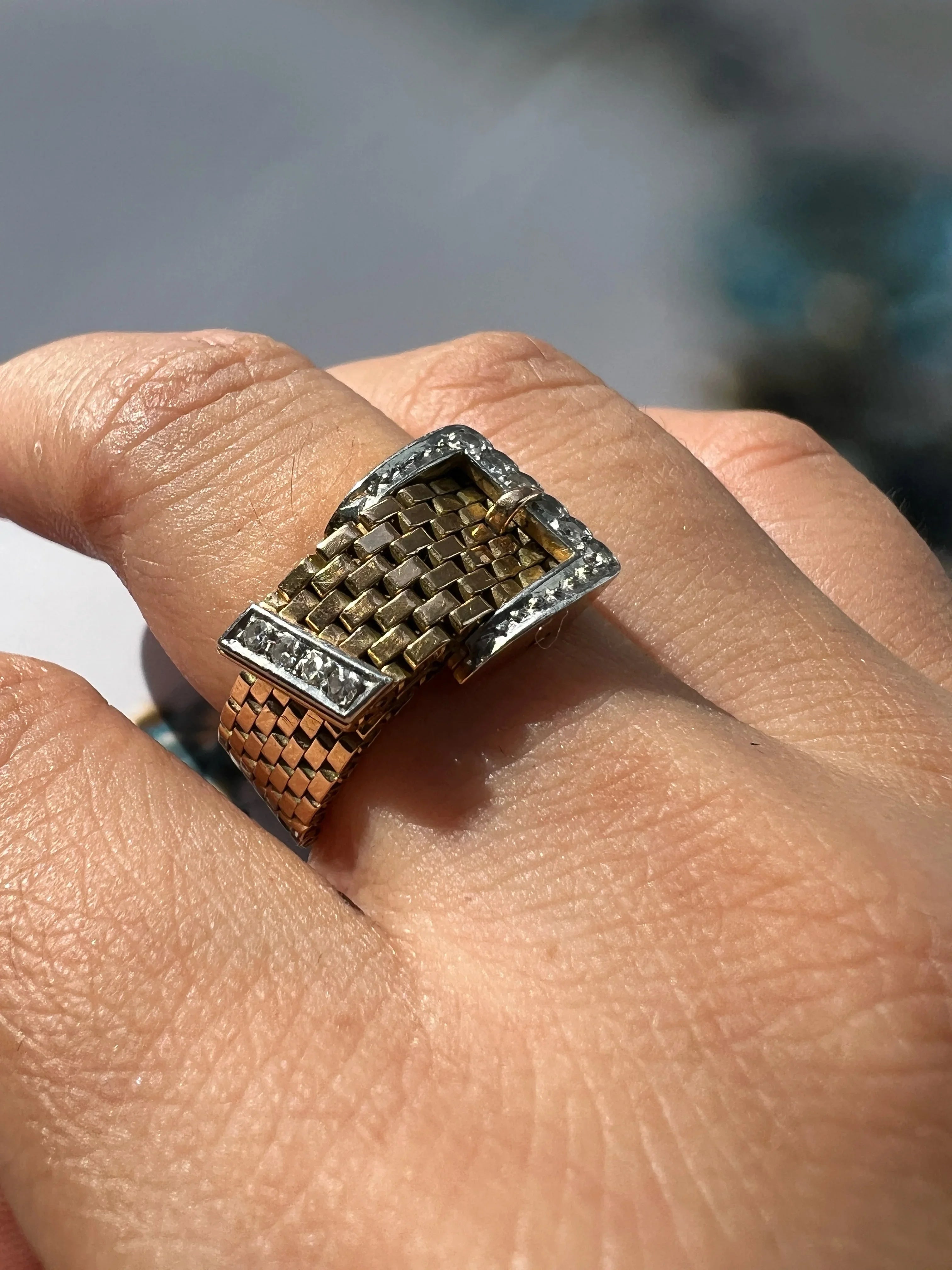 French 18K Gold Belt & Buckle Ring with Diamonds